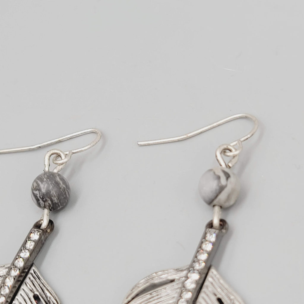 Silver tone Feather Dangle Pierced Earrings Gray Bead Crystal 2.25"