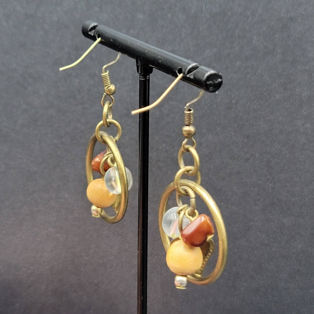 Pierced Earrings Bronze tone Heart Beaded Dangle 1"