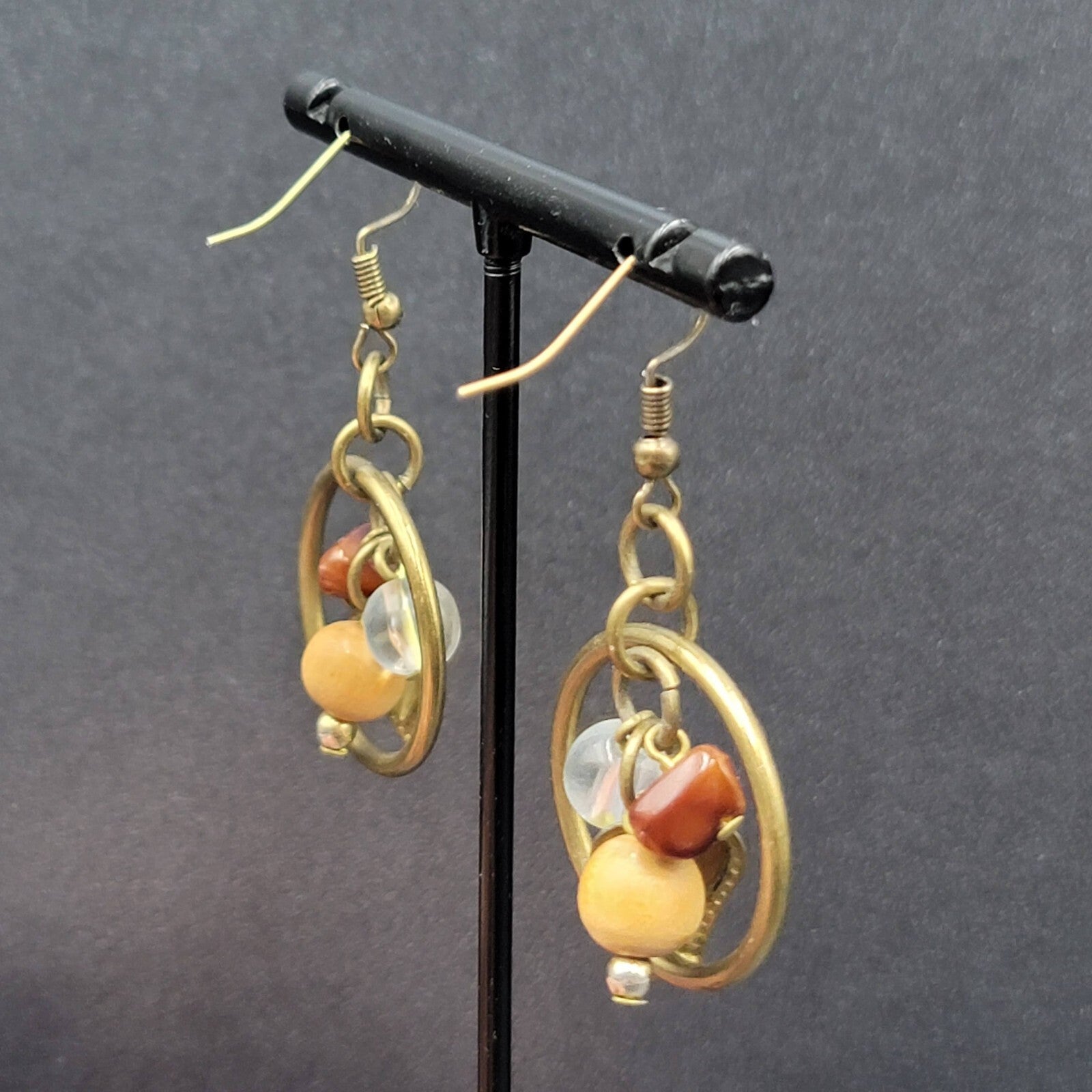 Pierced Earrings Bronze tone Heart Beaded Dangle 1"