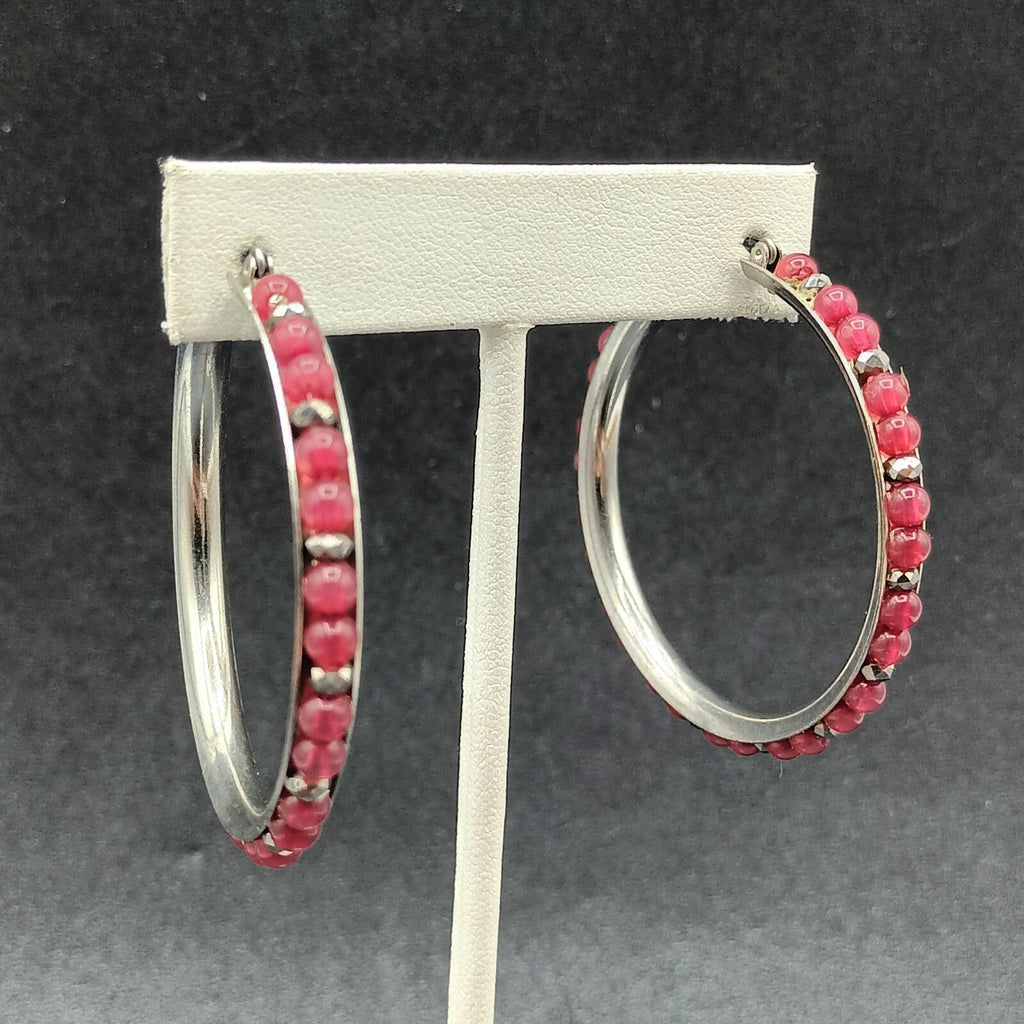 Pierced Earrings Silver tone Red Bead Statement Snap Hoops 2"