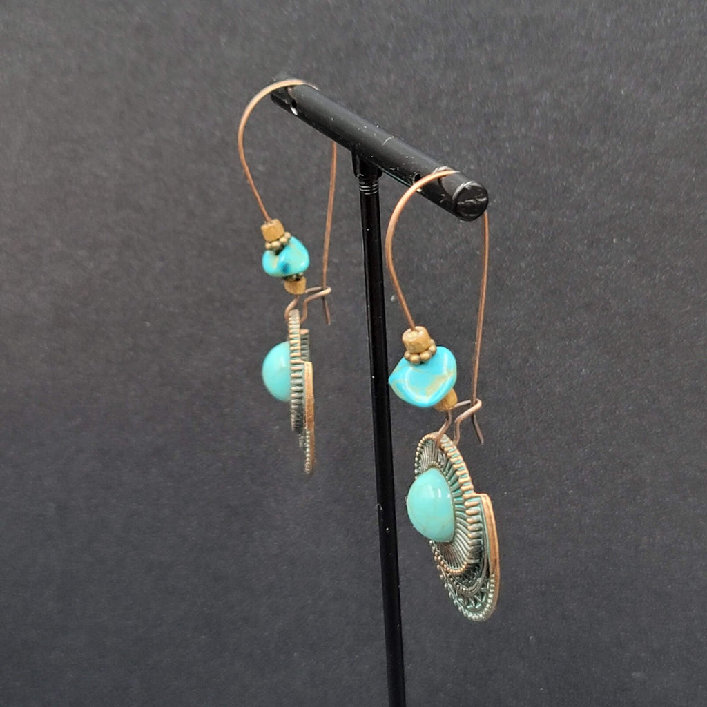 New Boho Pierced Earrings Faux Green Patina Copper tone Turquoise Bead 2.5"