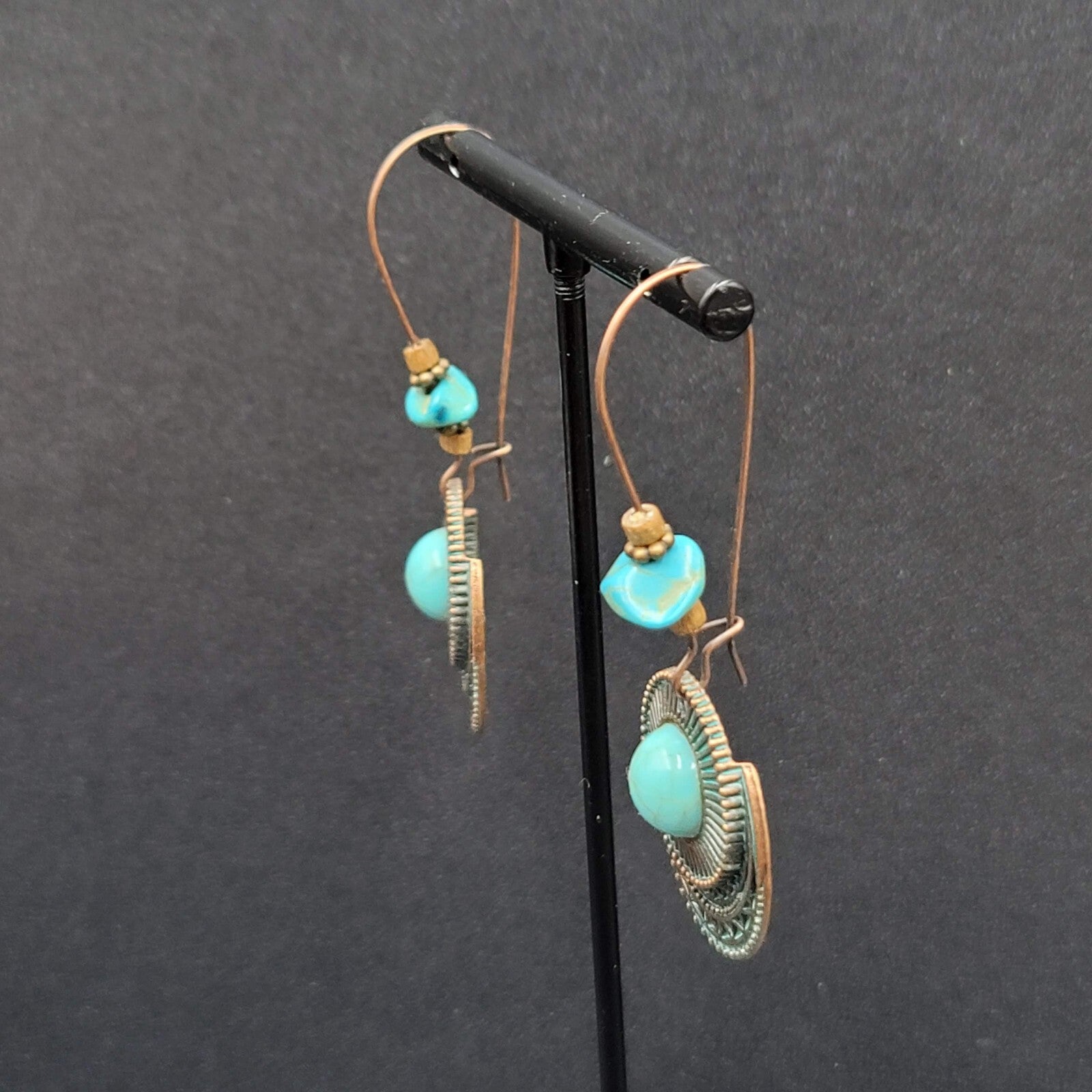 New Boho Pierced Earrings Faux Green Patina Copper tone Turquoise Bead 2.5"