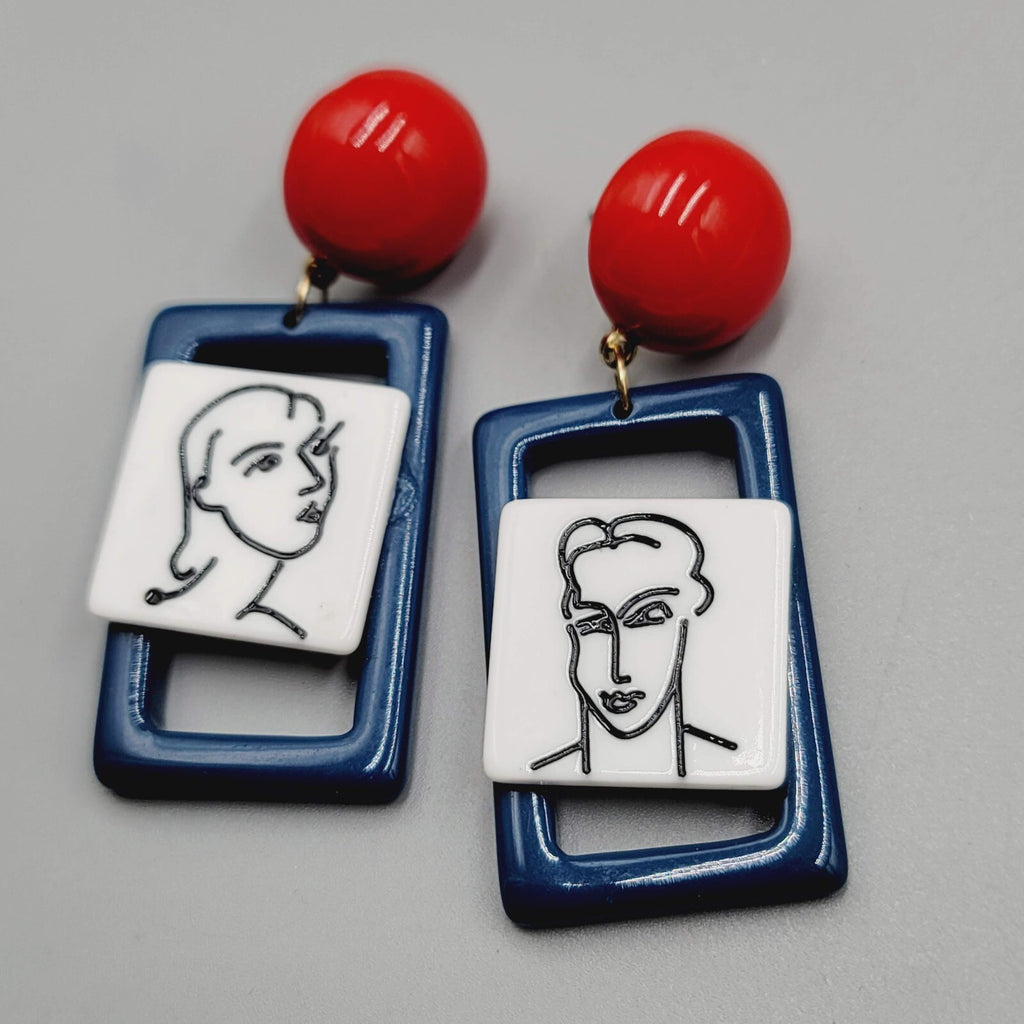 Man and Woman Couple Pierced Earrings Red White Blue Dangle 2.5"