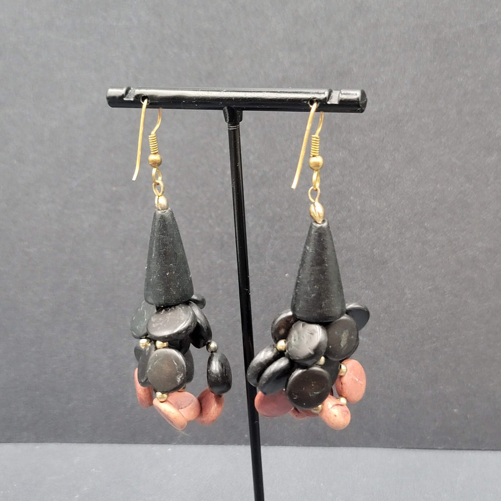 Vtg Pierced Earrings Black and Brown Wood Cluster Beads Statement Dangle  2.5"