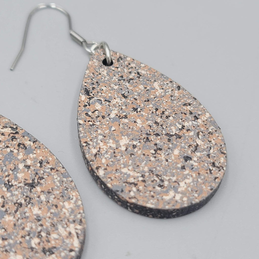 Speckle Teardrop Pierced Earrings Gray Brown Black Dangle 1.5"