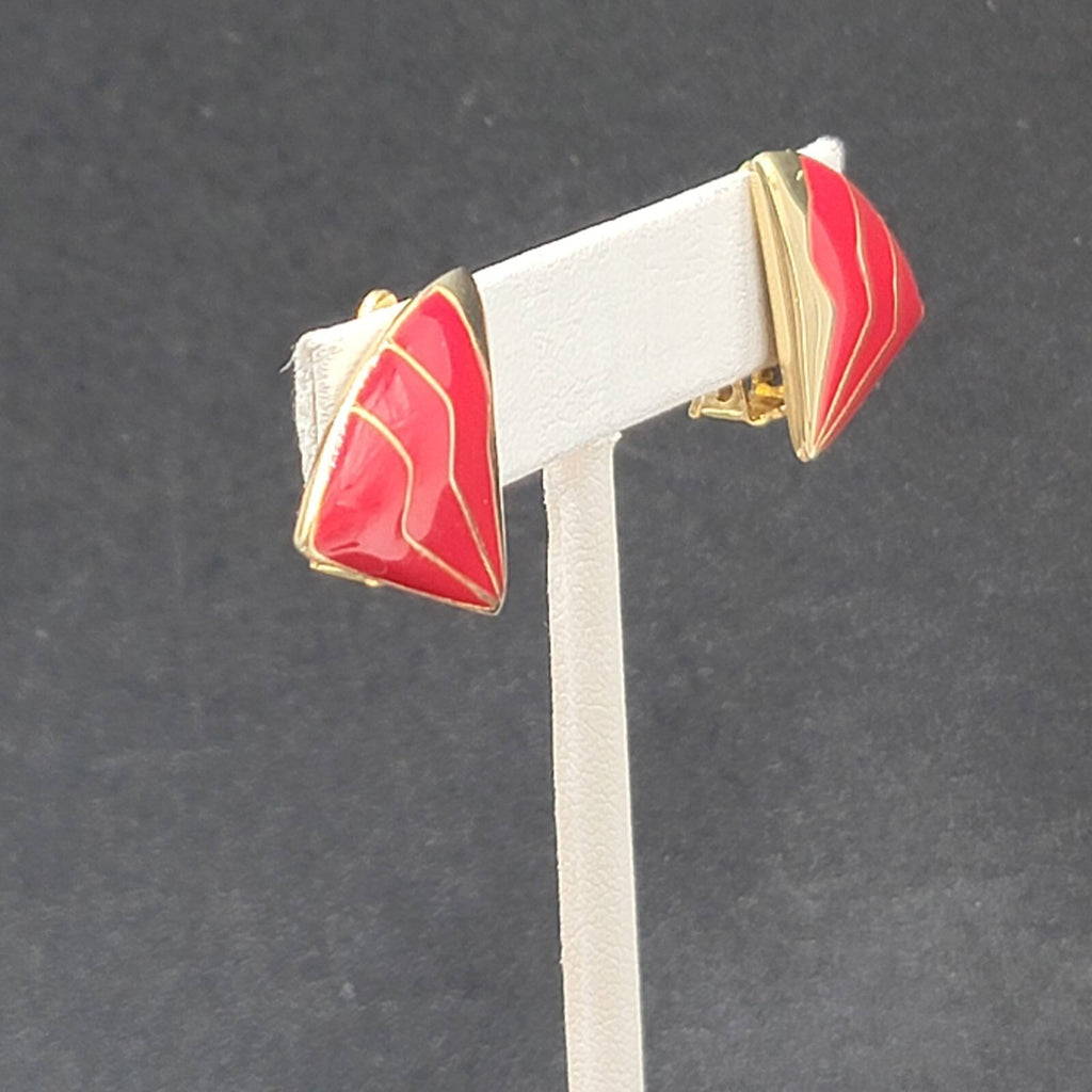 Vintage Clip on Earrings Gold Plated Red Enamel Fan Design 3/4"