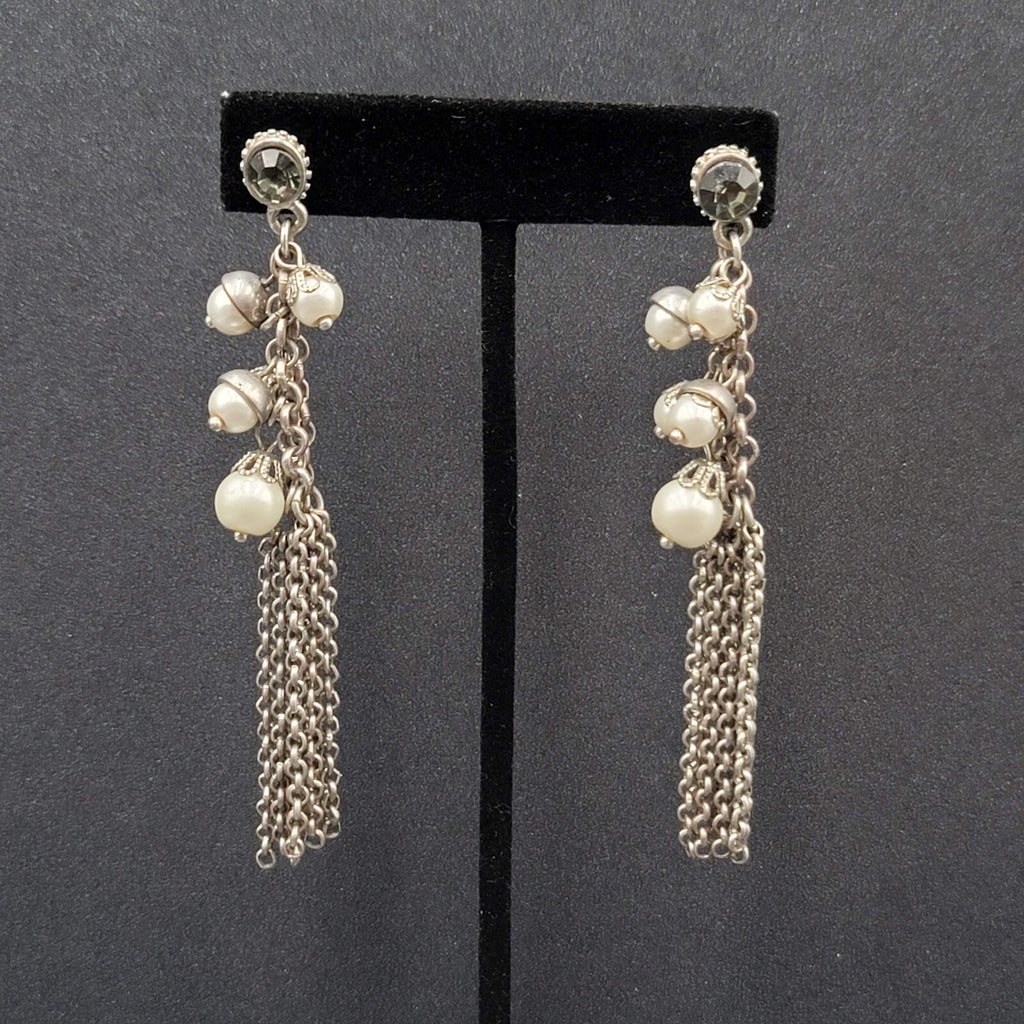 Pierced Earrings Long Multi Chain Faux Pearl Silver tone Dangle 3.25"