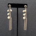 Pierced Earrings Long Multi Chain Faux Pearl Silver tone Dangle 3.25"