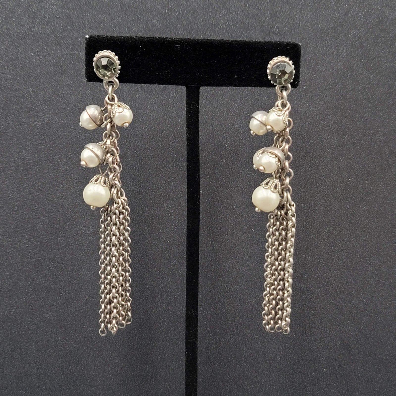 Pierced Earrings Long Multi Chain Faux Pearl Silver tone Dangle 3.25"