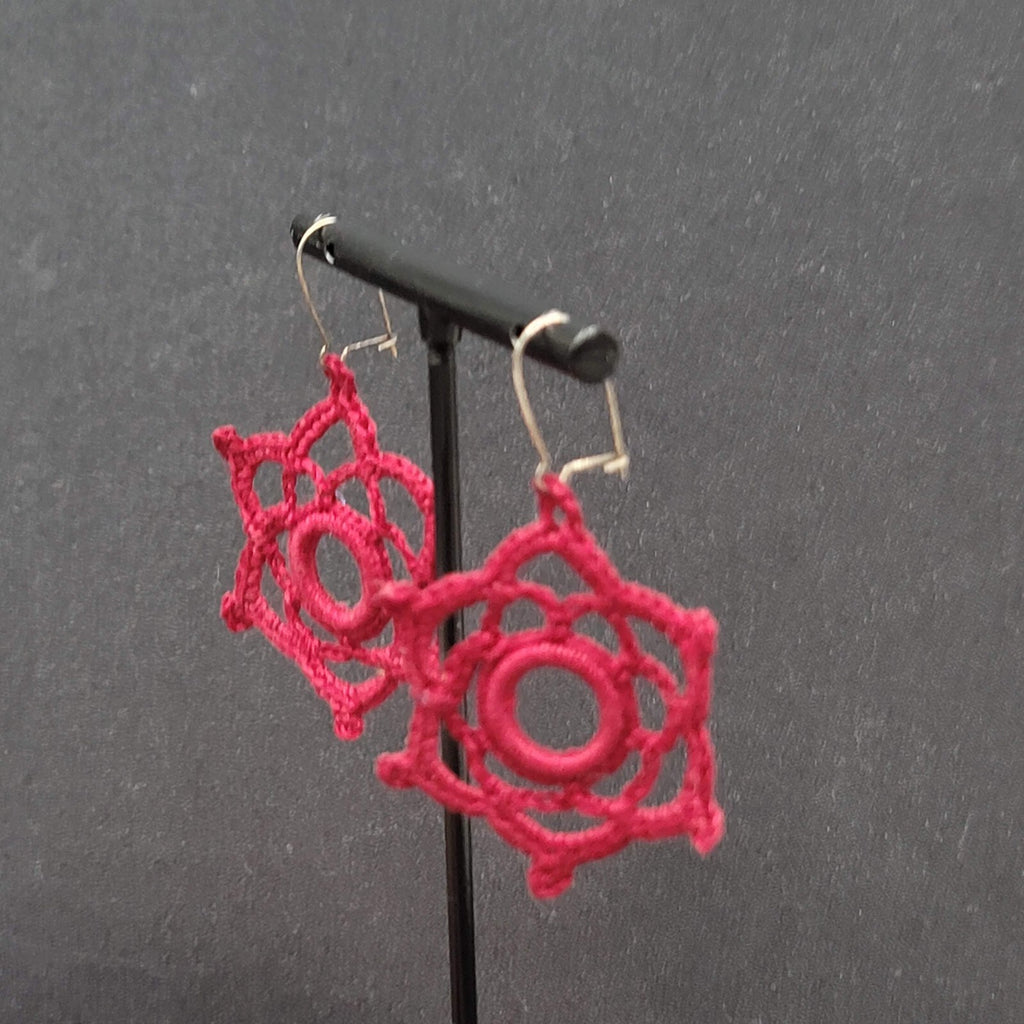 Pierced Earrings Hand Knitted Dangle Maroon Red 1.5"