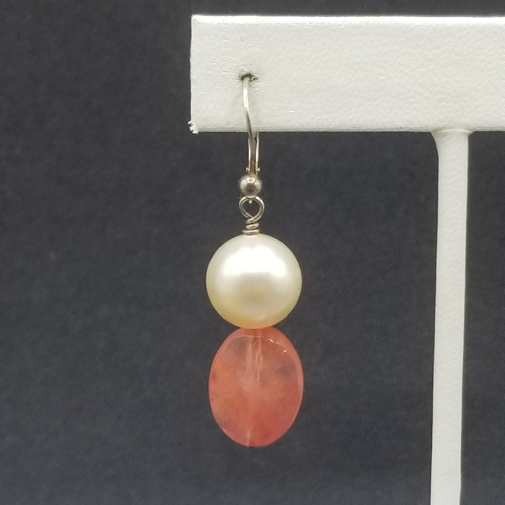 Pierced Earrings Silver tone Faux Pearl Faceted Quartz Beaded Dangle 1 1/4"