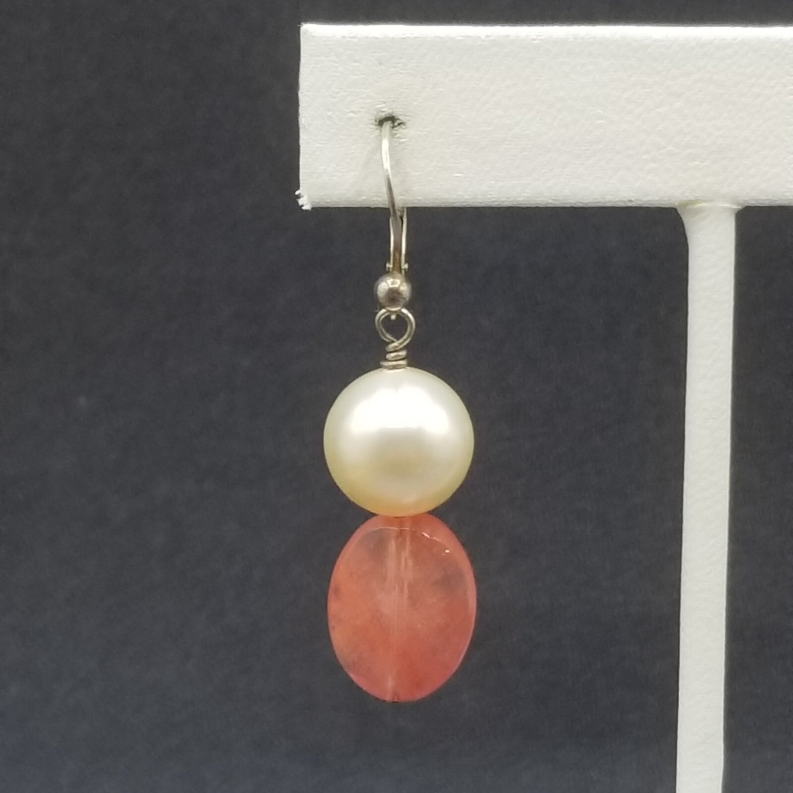 Pierced Earrings Silver tone Faux Pearl Faceted Quartz Beaded Dangle 1 1/4"