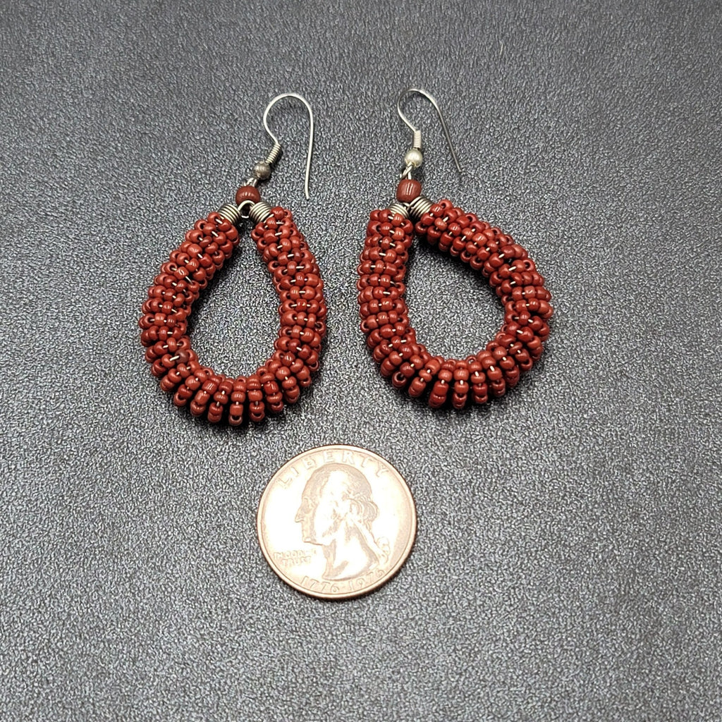 Pierced Earrings Brown Seed Bead Teardrop Hoops Dangle Silver tone 1.5"
