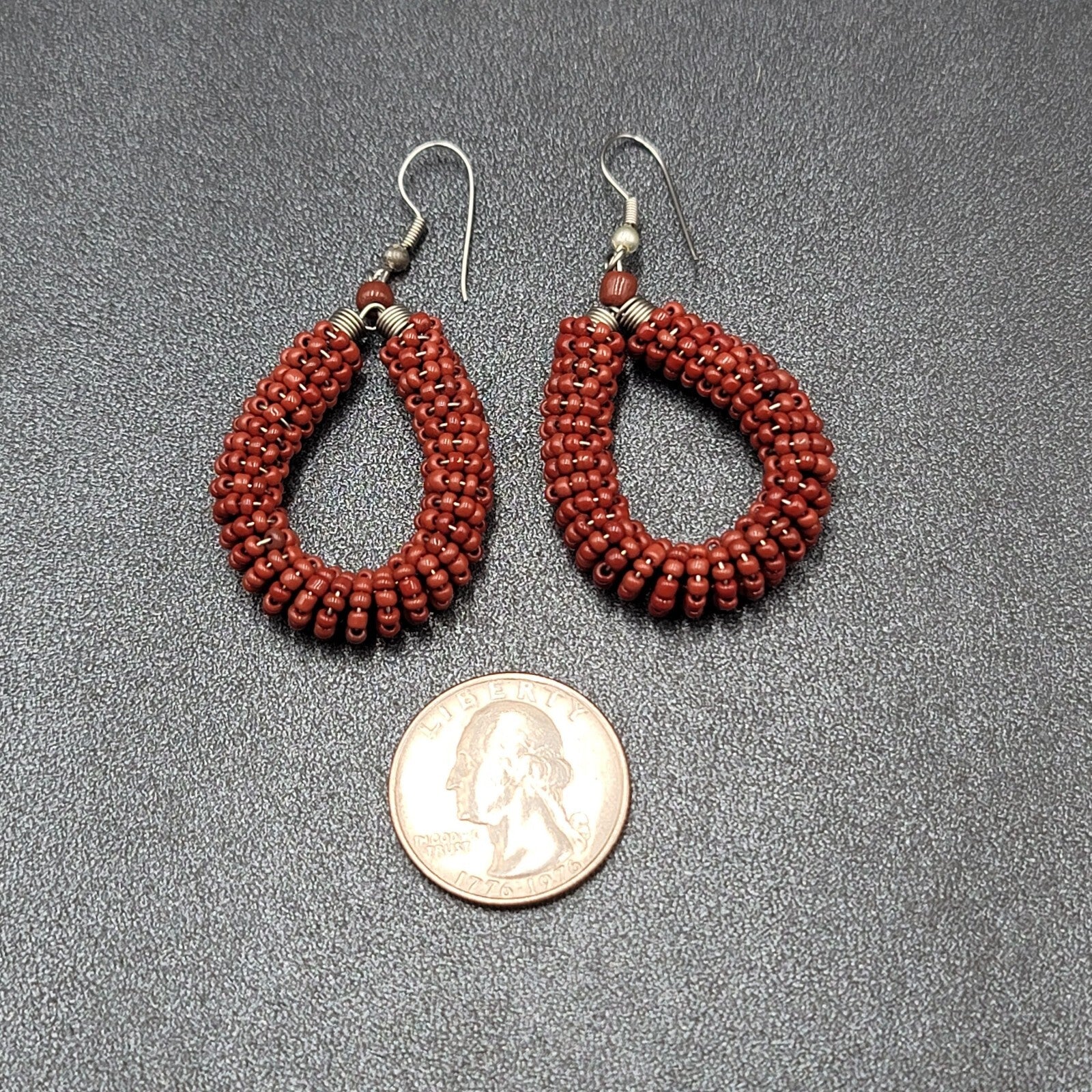 Pierced Earrings Brown Seed Bead Teardrop Hoops Dangle Silver tone 1.5"