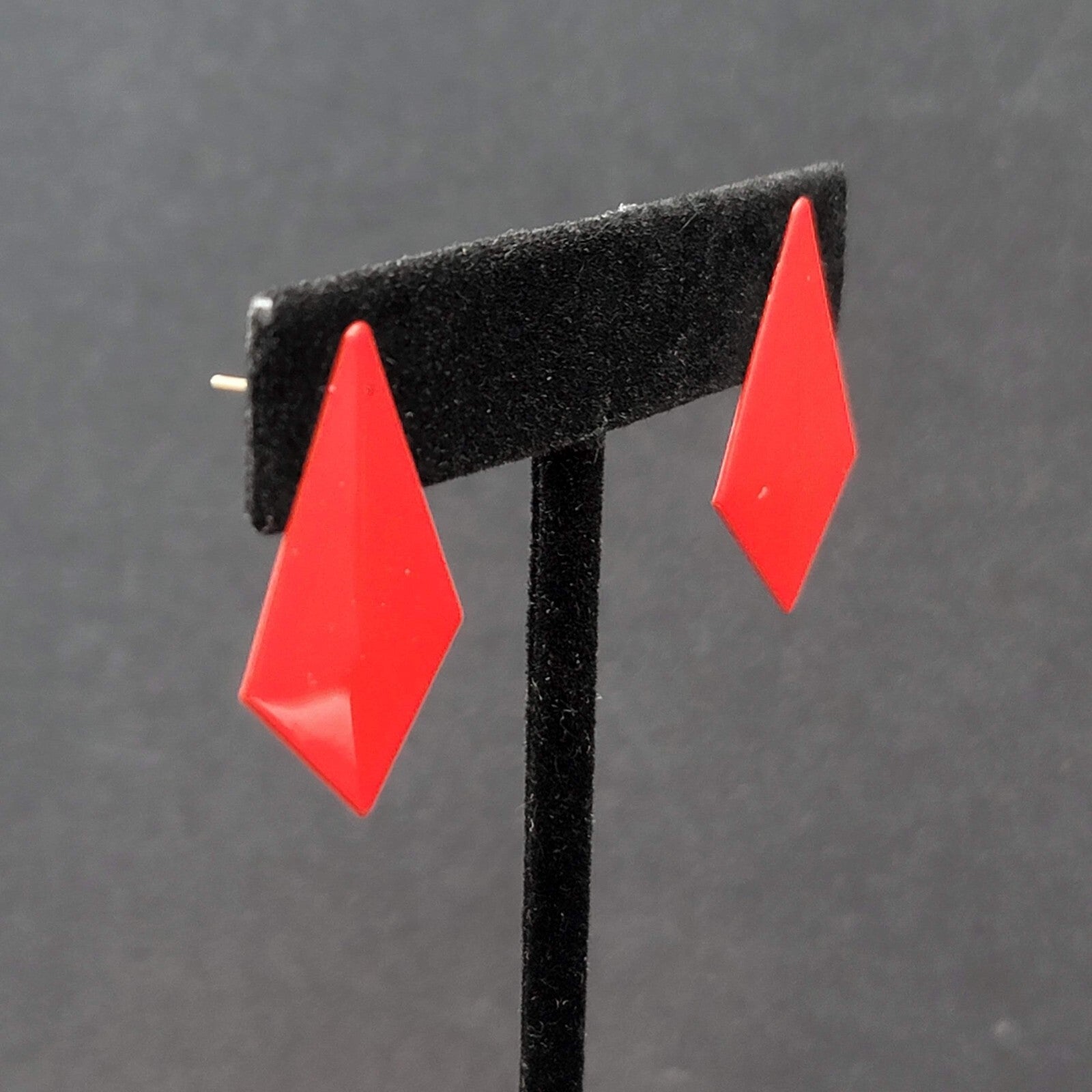 Vintage Pierced Earrings Red Enamel Geometric Drop 1 1/8"