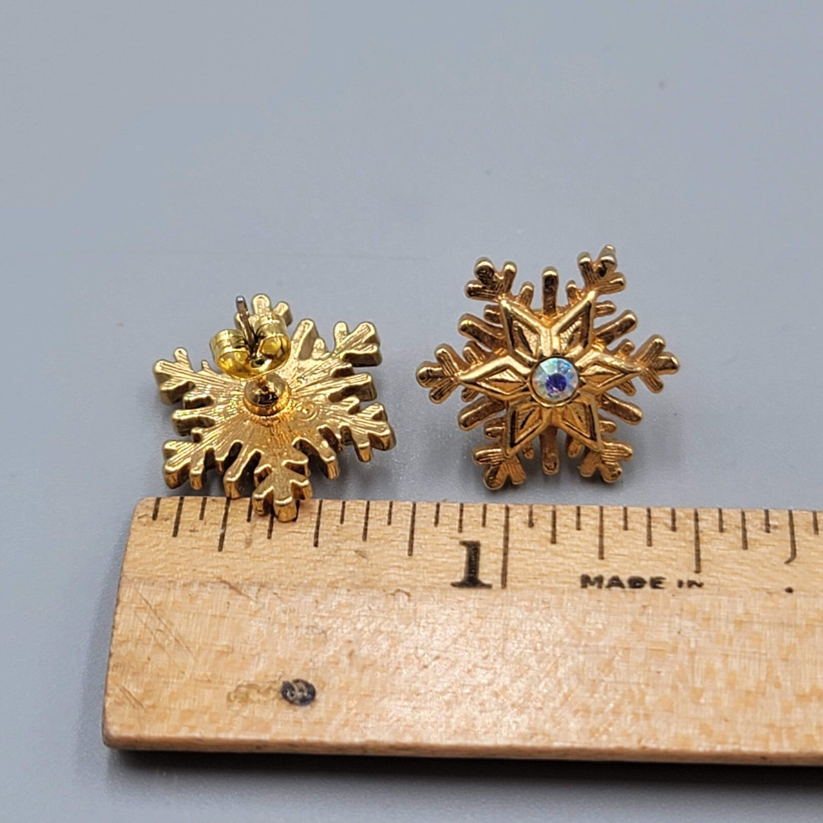 Snowflake Pierced Earrings Gold tone AB Crystal Studs 5/8"