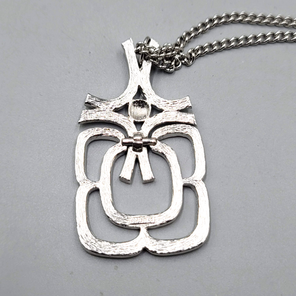 Vintage Avon Necklace Long Silver tone Geometric Pendant Statement 24 in