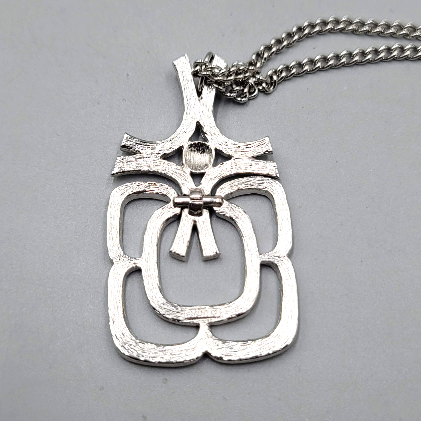 Vintage Avon Necklace Long Silver tone Geometric Pendant Statement 24 in