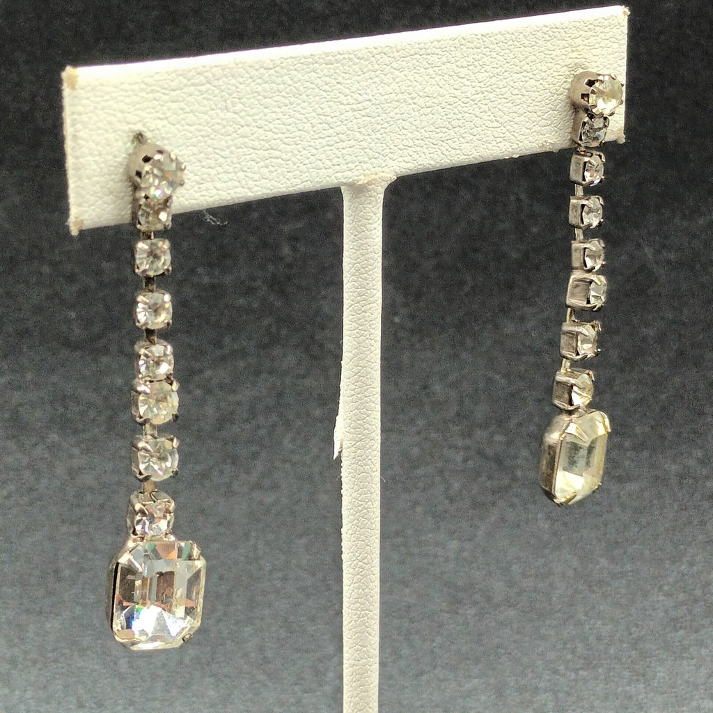 Pierced Earrings Silver tone Rhinestone Retro Dangle 1 3/4"