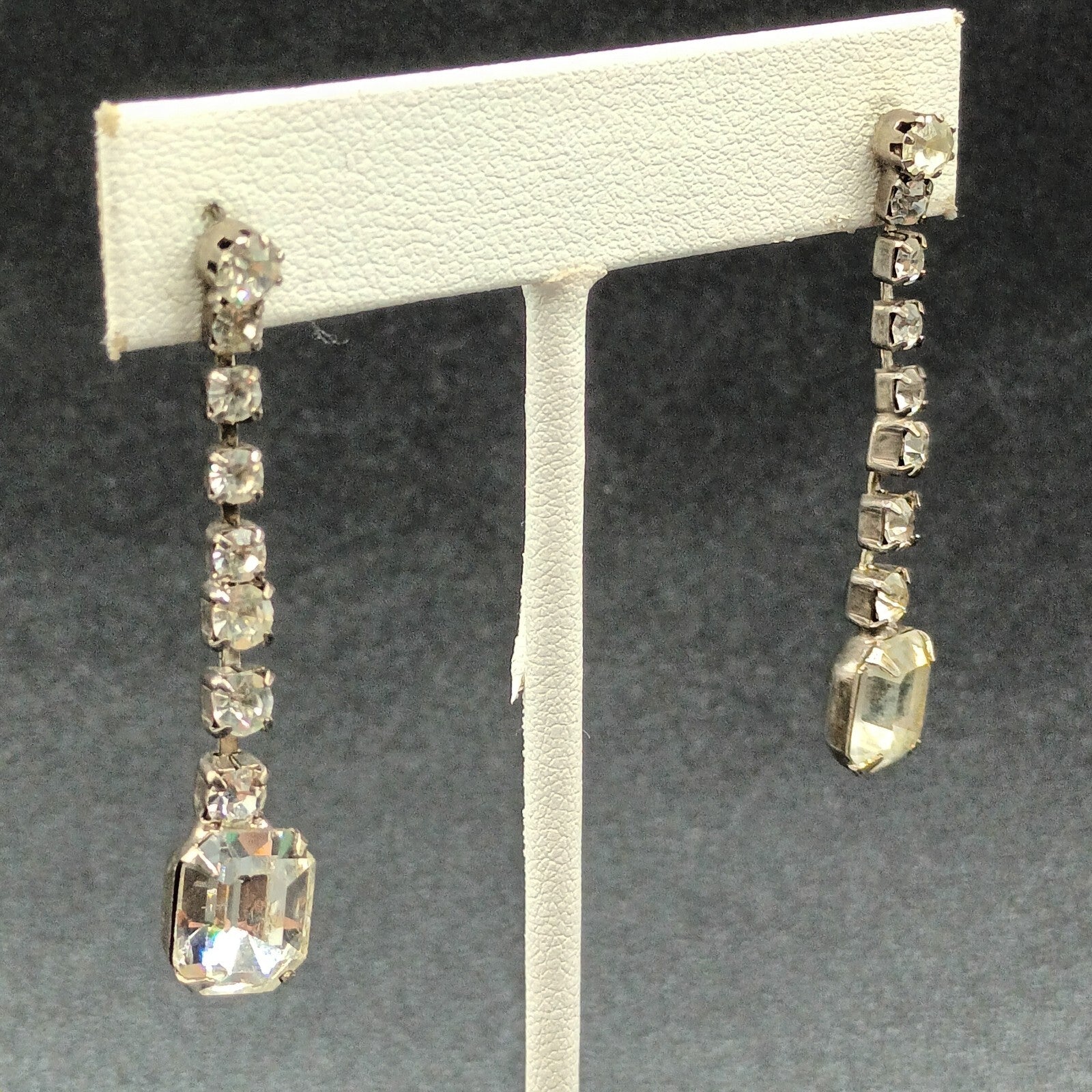 Pierced Earrings Silver tone Rhinestone Retro Dangle 1 3/4"
