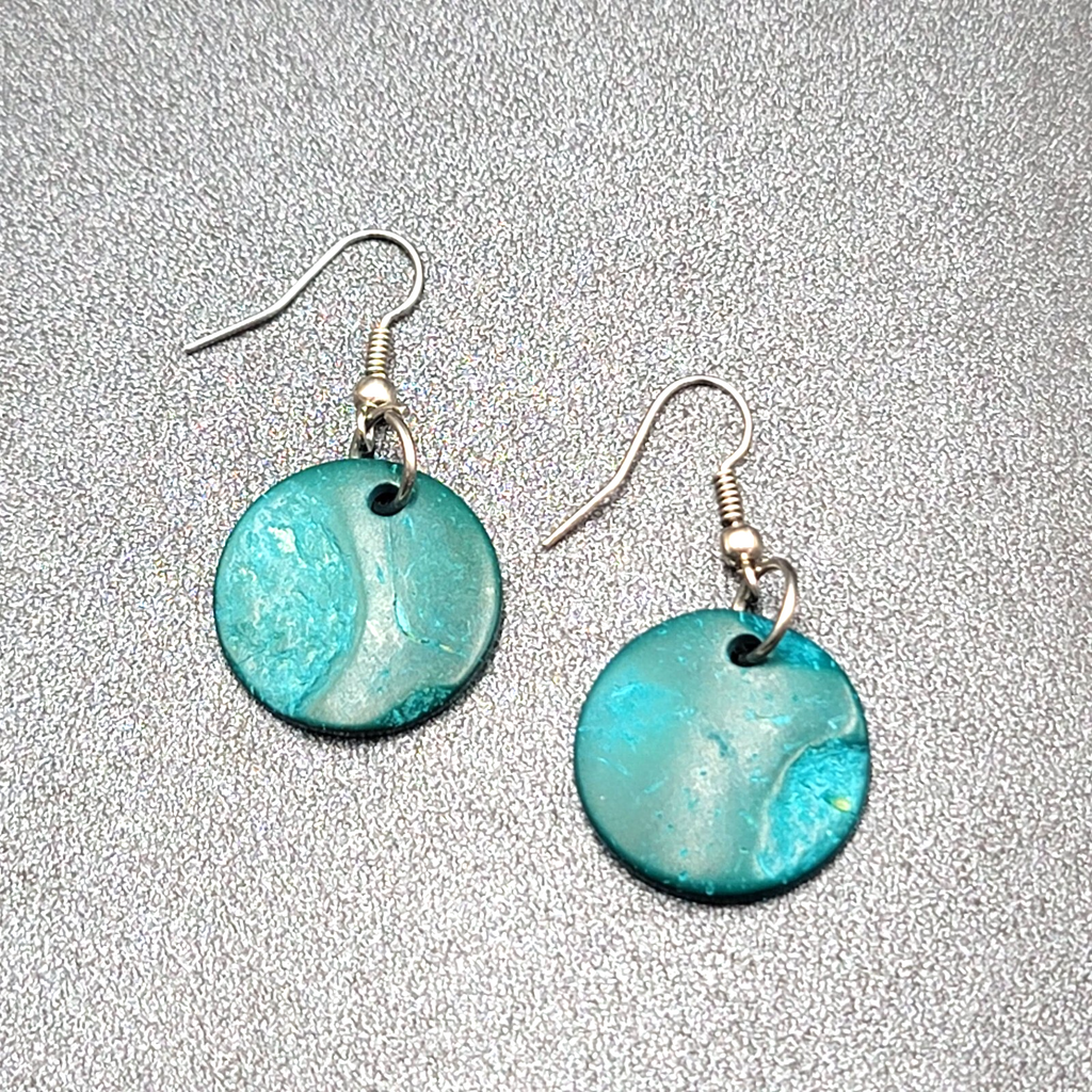 Pierced Earrings Teal Blue Coir Coconut Shell Round Dangle 3/4"