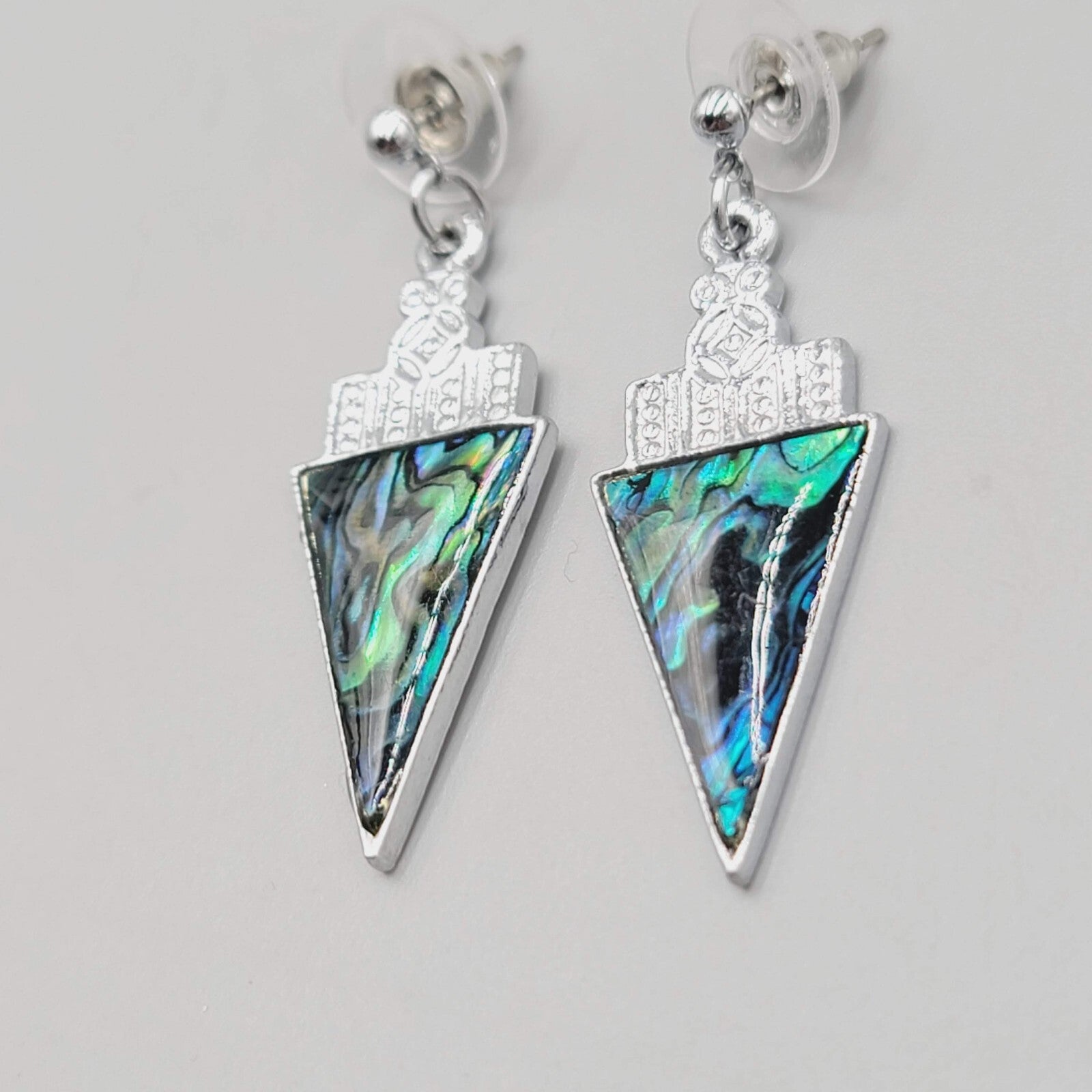 Pierced Earrings Faux Abalone Silver tone Triangle Dangle  1 3/8"