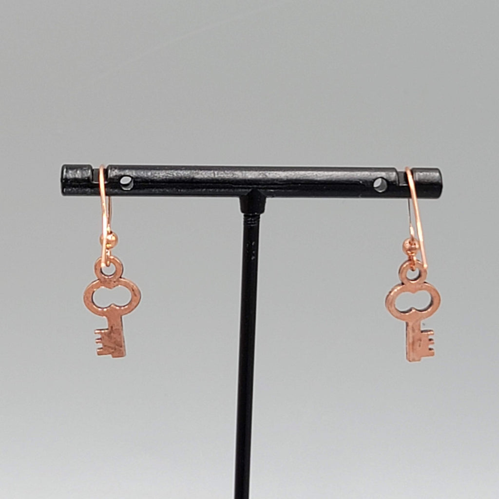 Small Copper tone Skeleton Key Pierced Earrings Dangle 5/8"