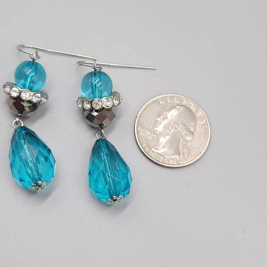 Pierced Earrings Silver tone Rhinestones Blue Faceted Acrylic Teardrop 1.75"