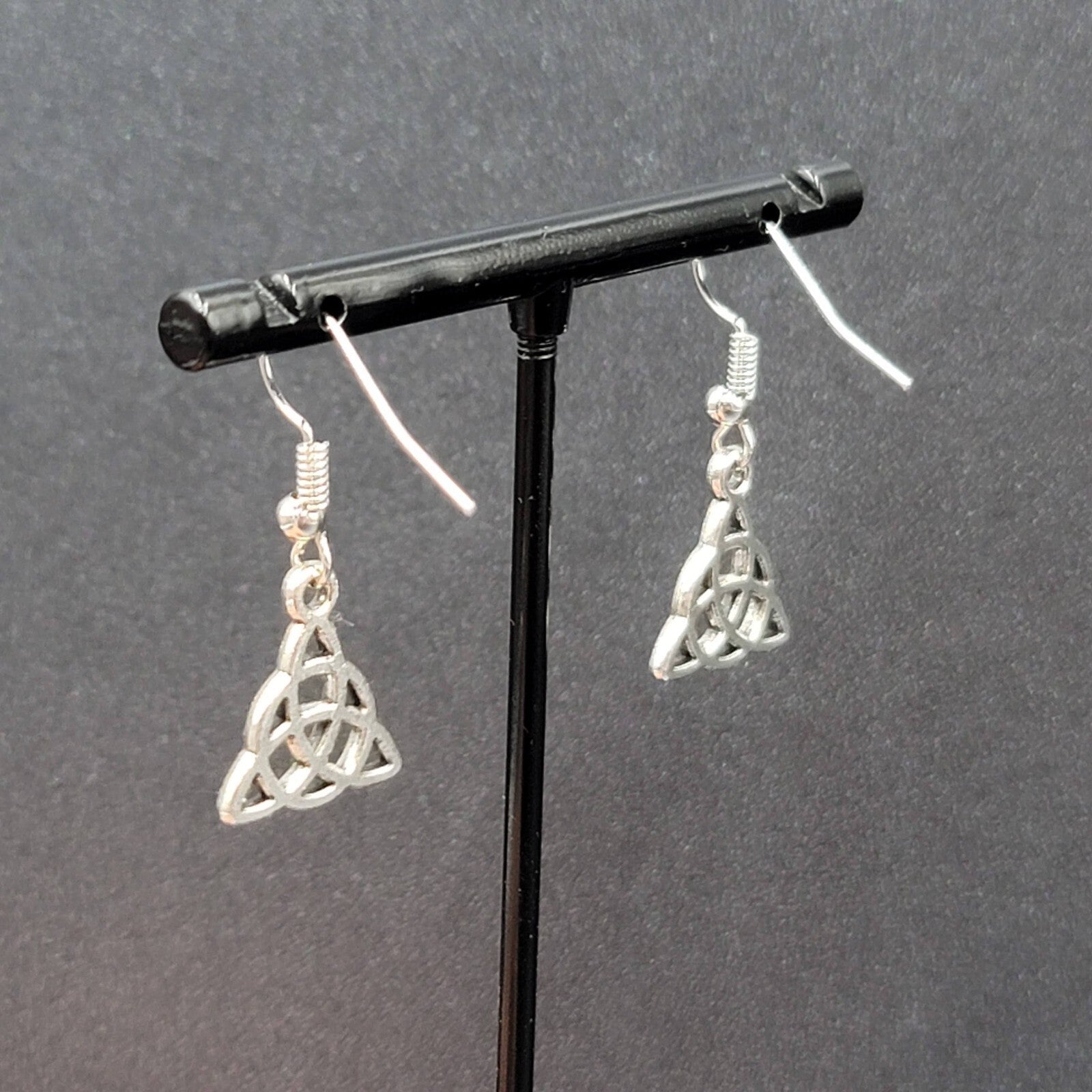 Pierced Earrings Triangle Celtic Knot Silver tone Dangle 5/8"