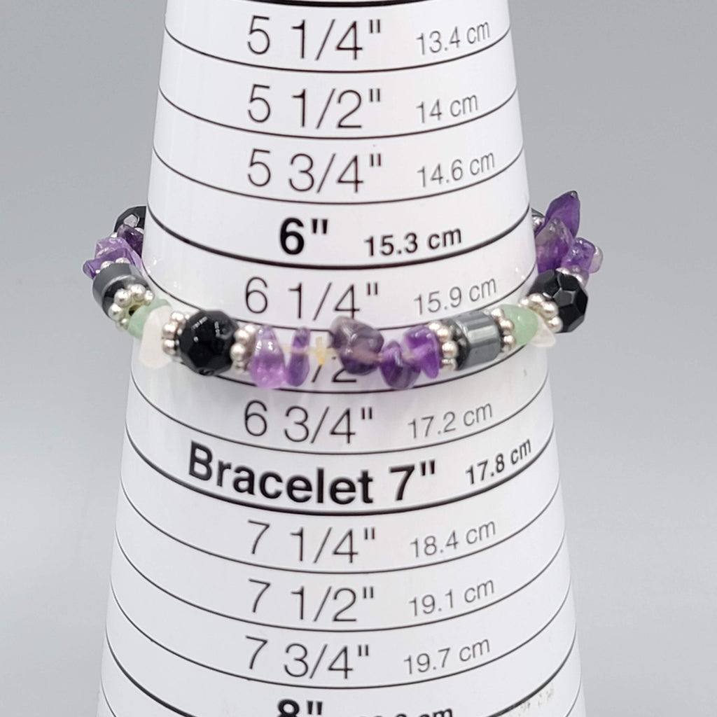 Amethyst Multi Gemstone Elastic Bracelet Purple Black Silver tone