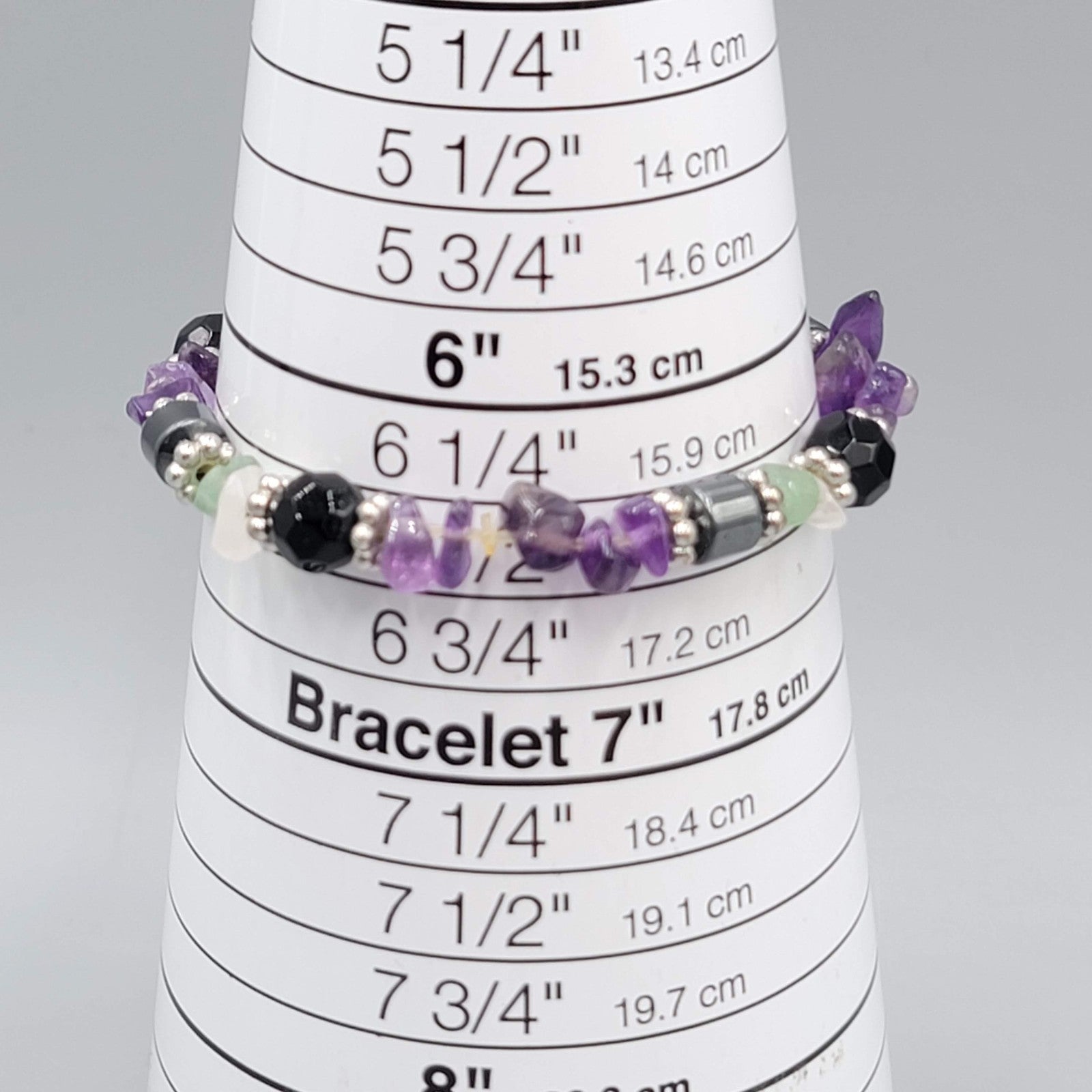 Amethyst Multi Gemstone Elastic Bracelet Purple Black Silver tone