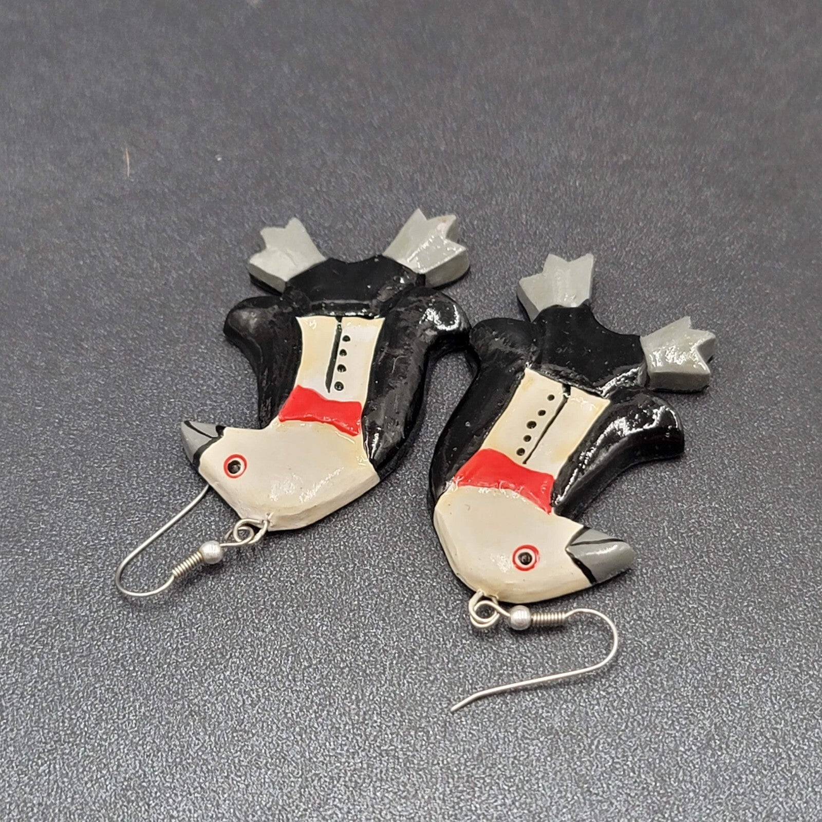 Vintage Pierced Earrings Painted Tuxedo Penguins Wood Dangle 2.25"