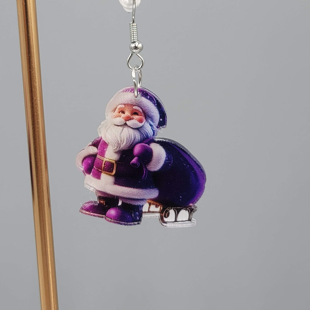 Christmas Santa Purple Bag Pierced Earrings Silver tone Dangle 1.25 in