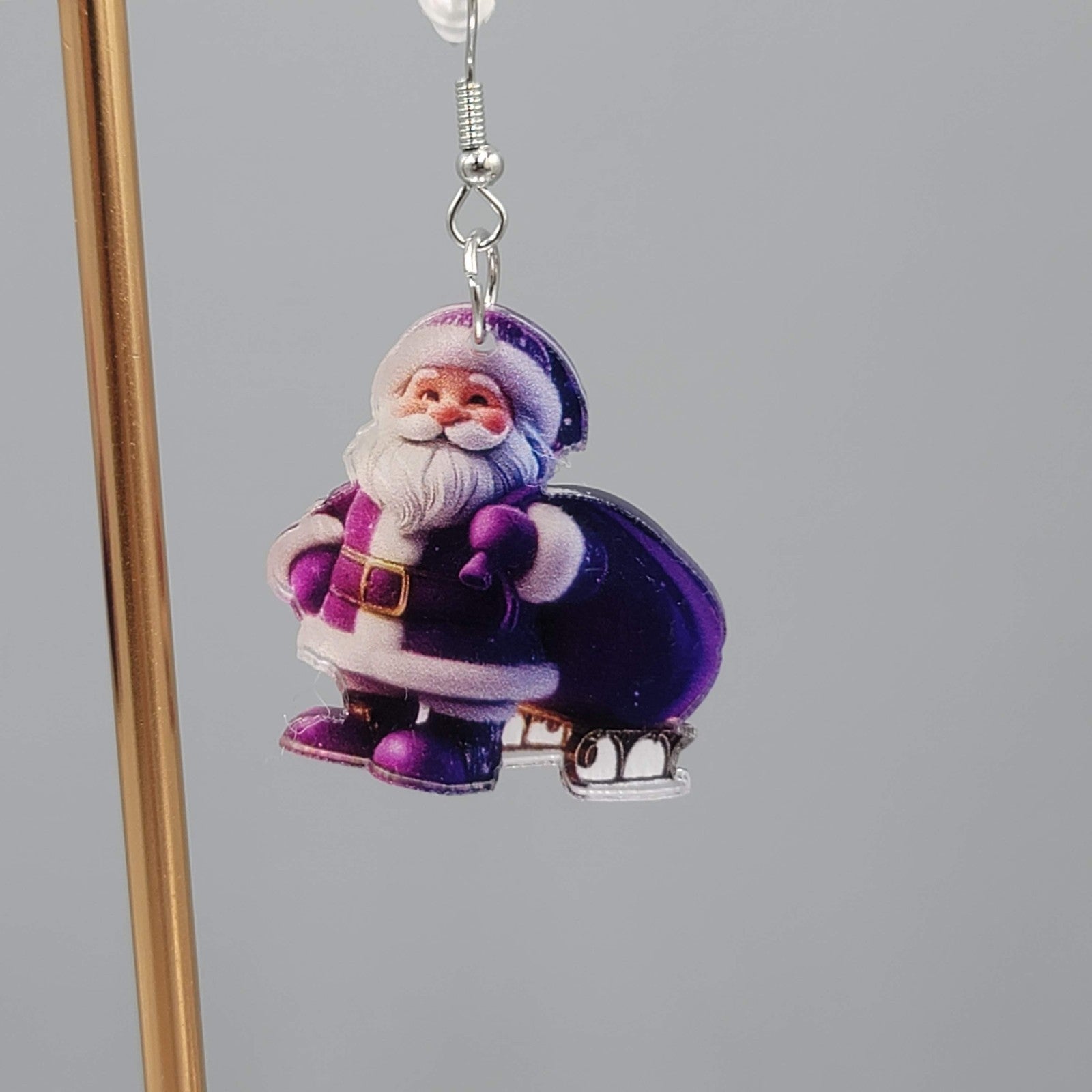 Christmas Santa Purple Bag Pierced Earrings Silver tone Dangle 1.25 in