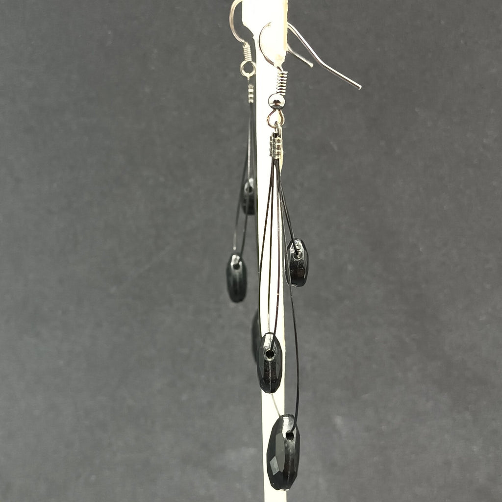 Pierced Earrings Black Plastic Loop Faceted Acrylic Teardrop Bead Dangle 2 3/4"
