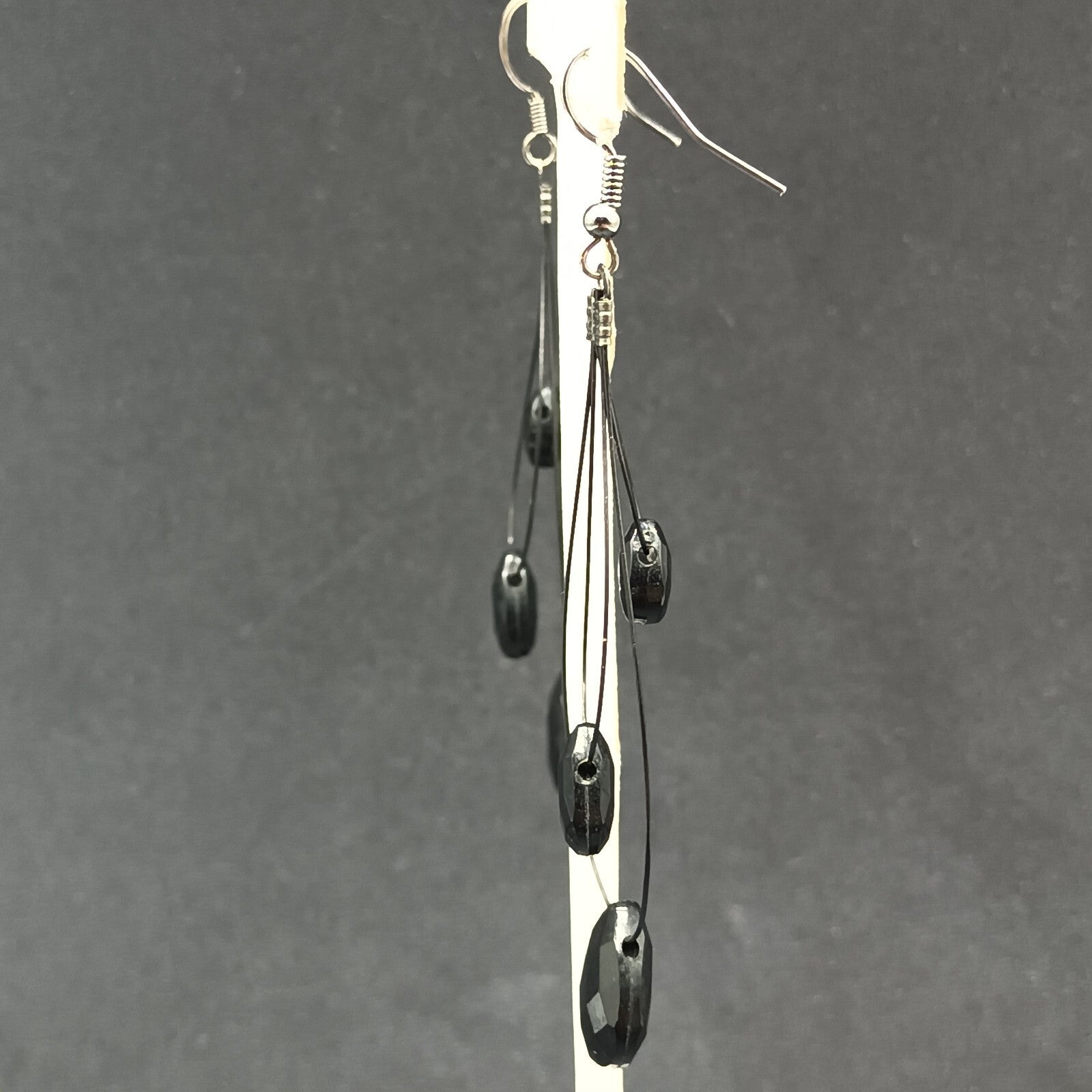 Pierced Earrings Black Plastic Loop Faceted Acrylic Teardrop Bead Dangle 2 3/4"