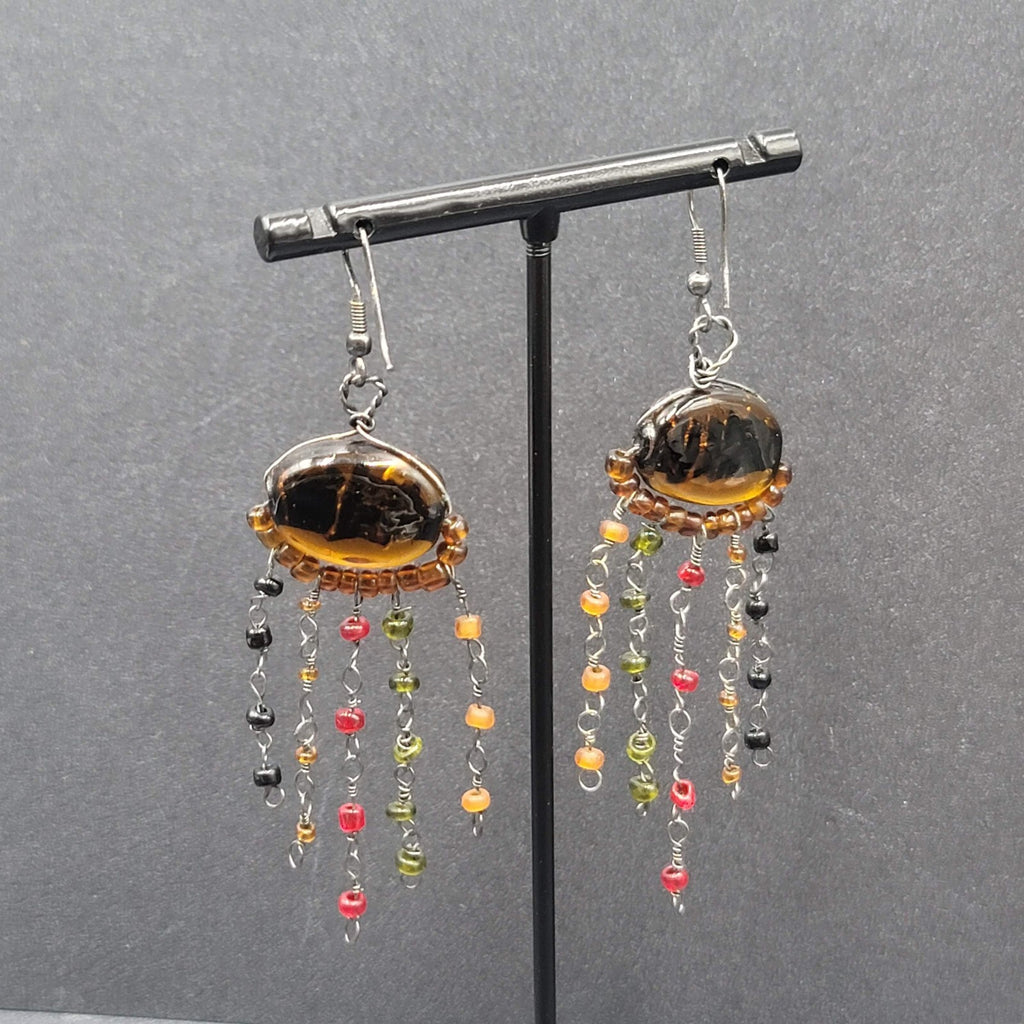 Boho Pierced Earrings Multi color Glass Beads Unusual Dangle Chains 2.75"