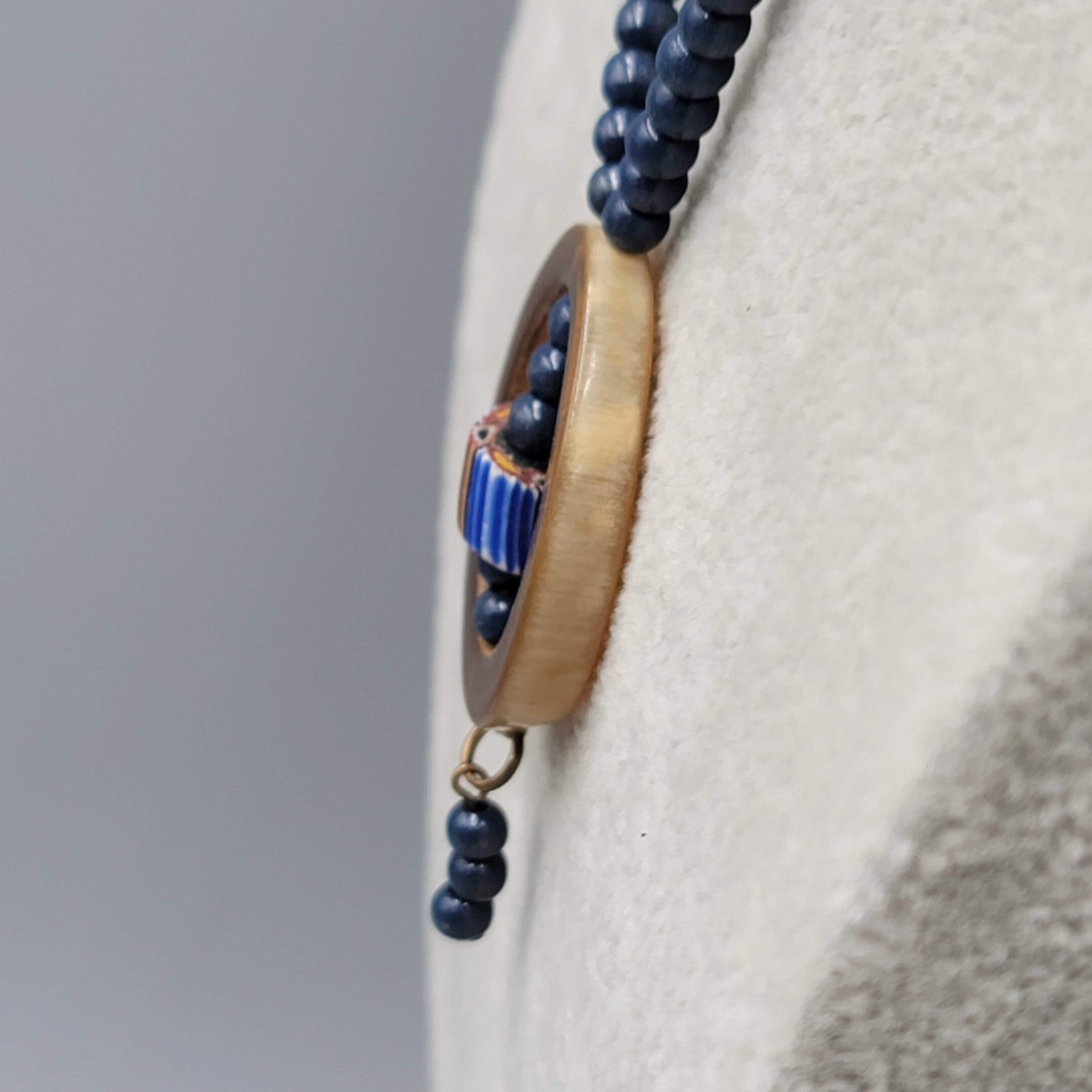 Vintage Artisan Necklace Blue Bead Cow Horn Ring 16 in