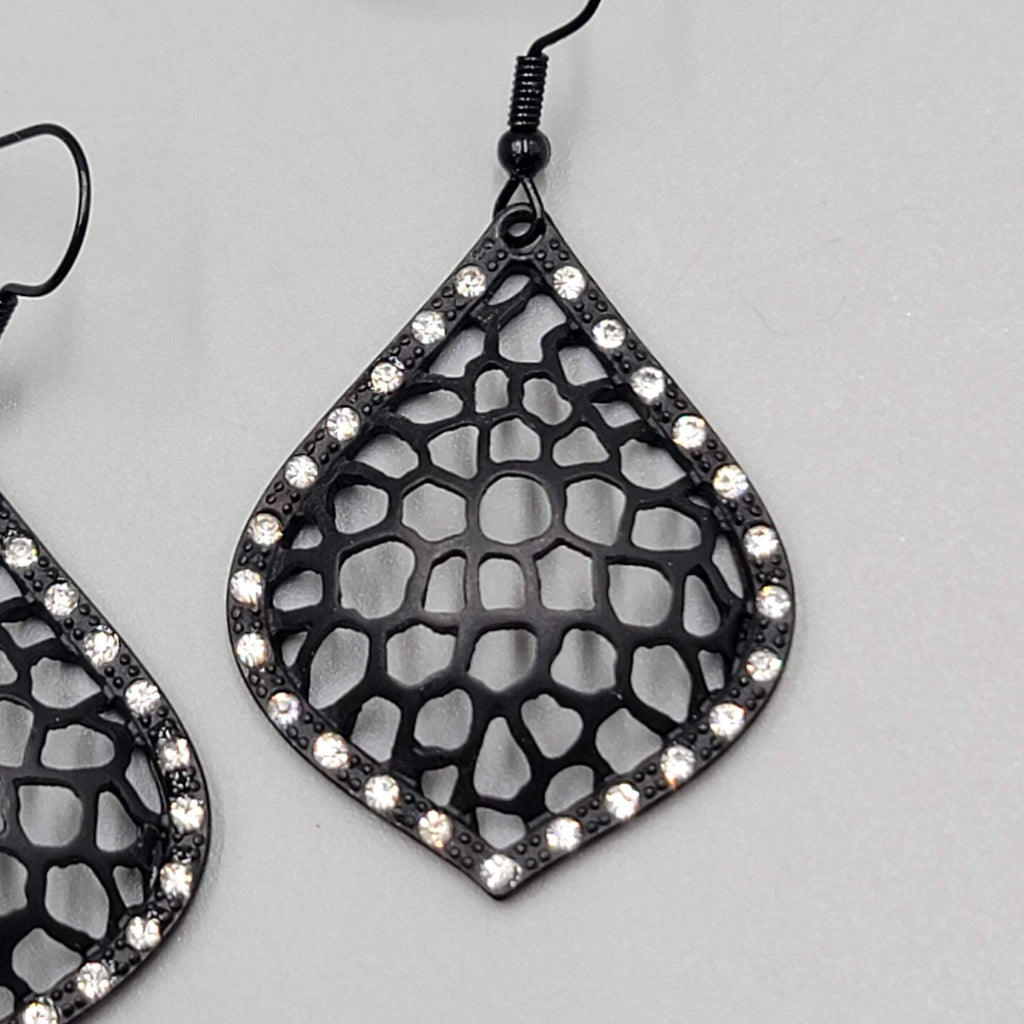 Black Enamel Pierced Earrings Crystal Rhinestone Dangle 1.5"