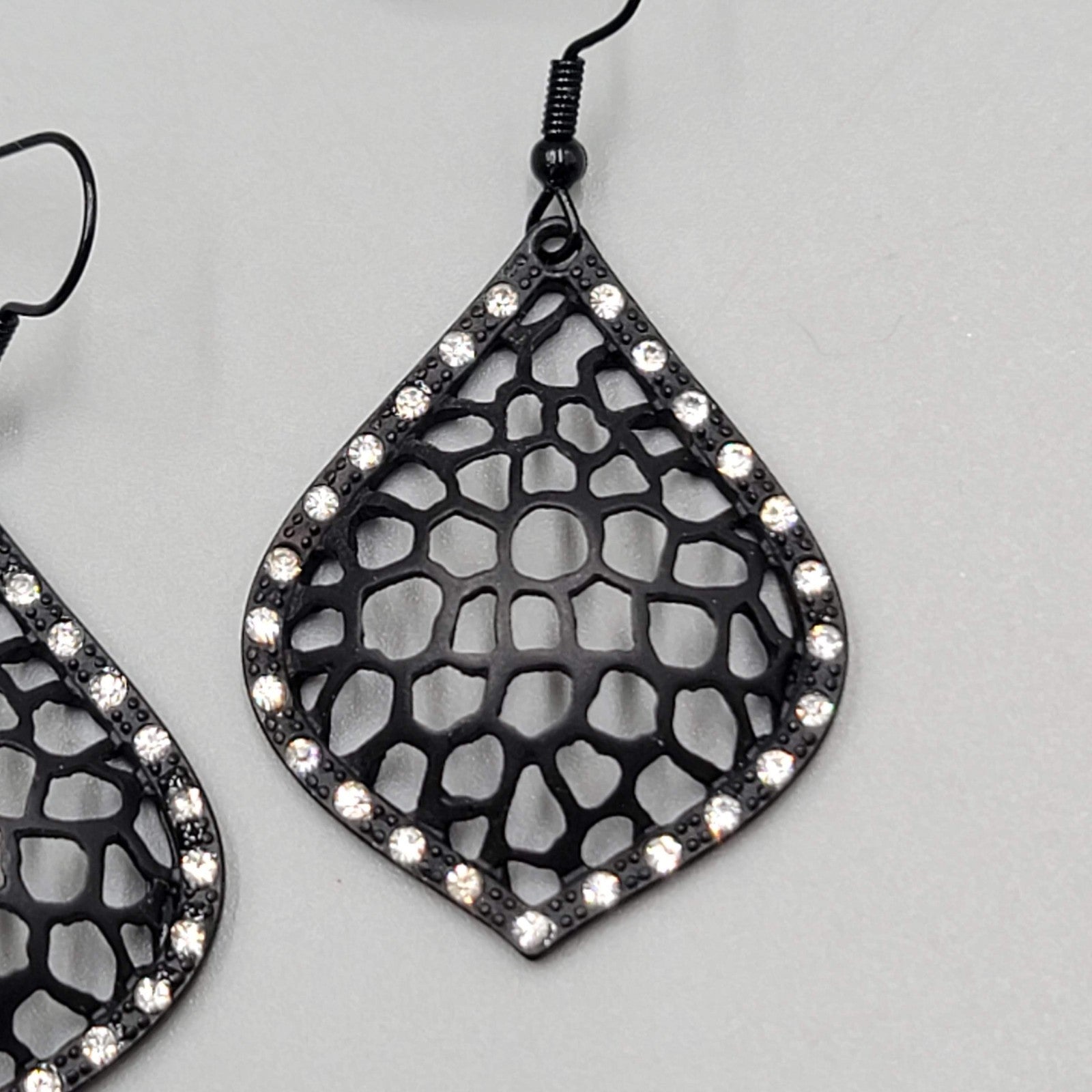 Black Enamel Pierced Earrings Crystal Rhinestone Dangle 1.5"