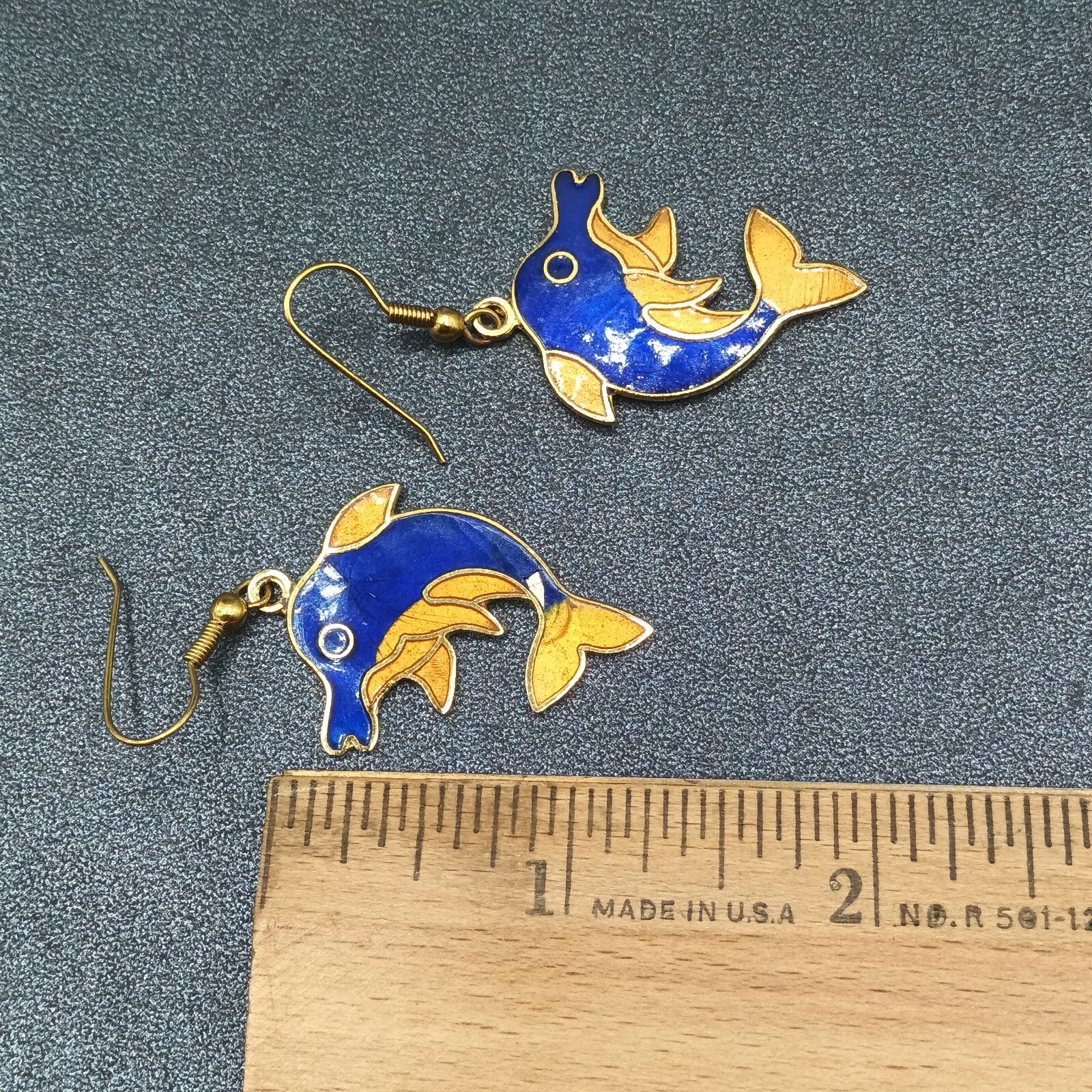 Vintage Dolphin Pierced Earrings Gold tone Blue Orange Enamel Dangle 1 1/4"