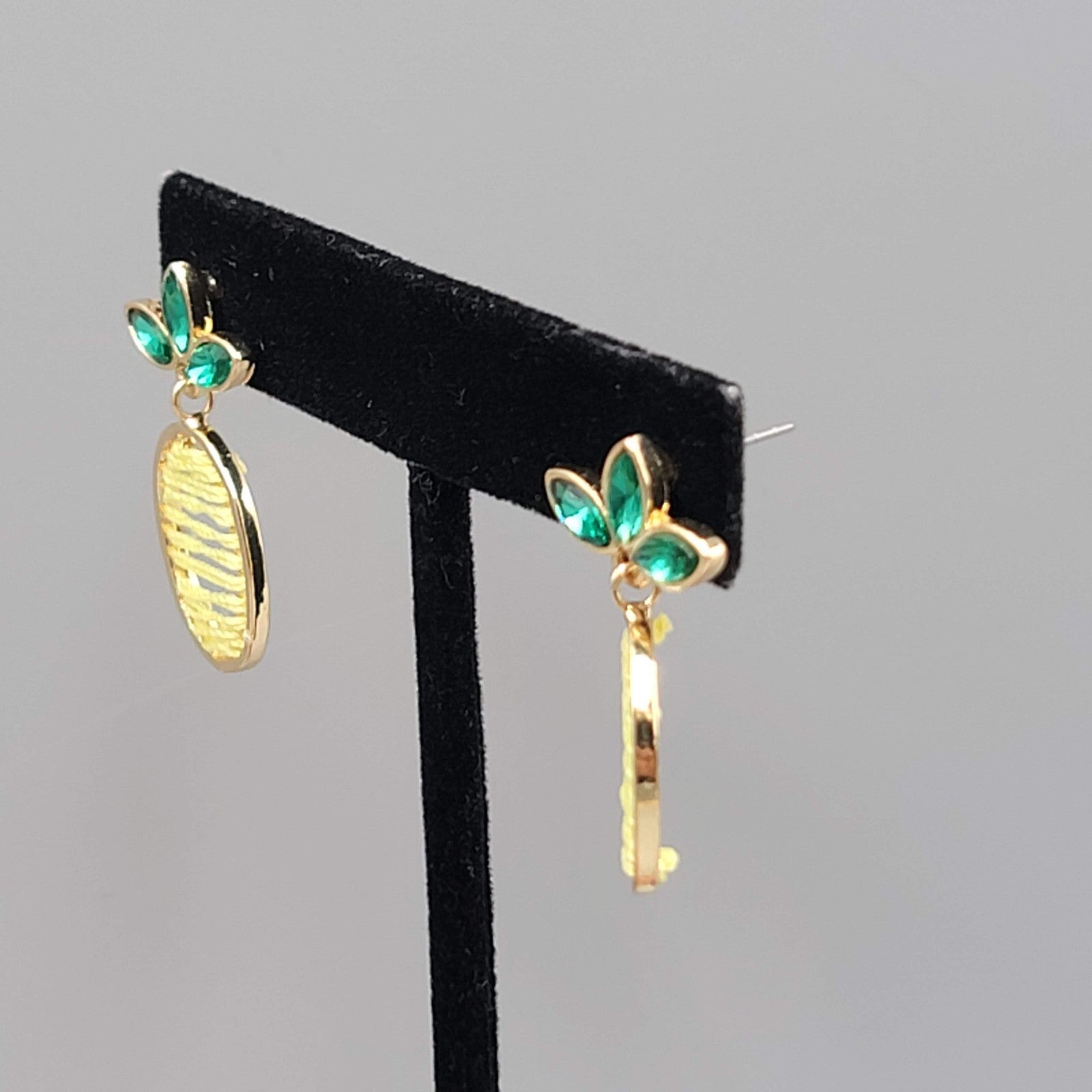 Pineapple Pierced Earrings Gold tone Green Rhinestone Yellow Thread Dangle 1.25"