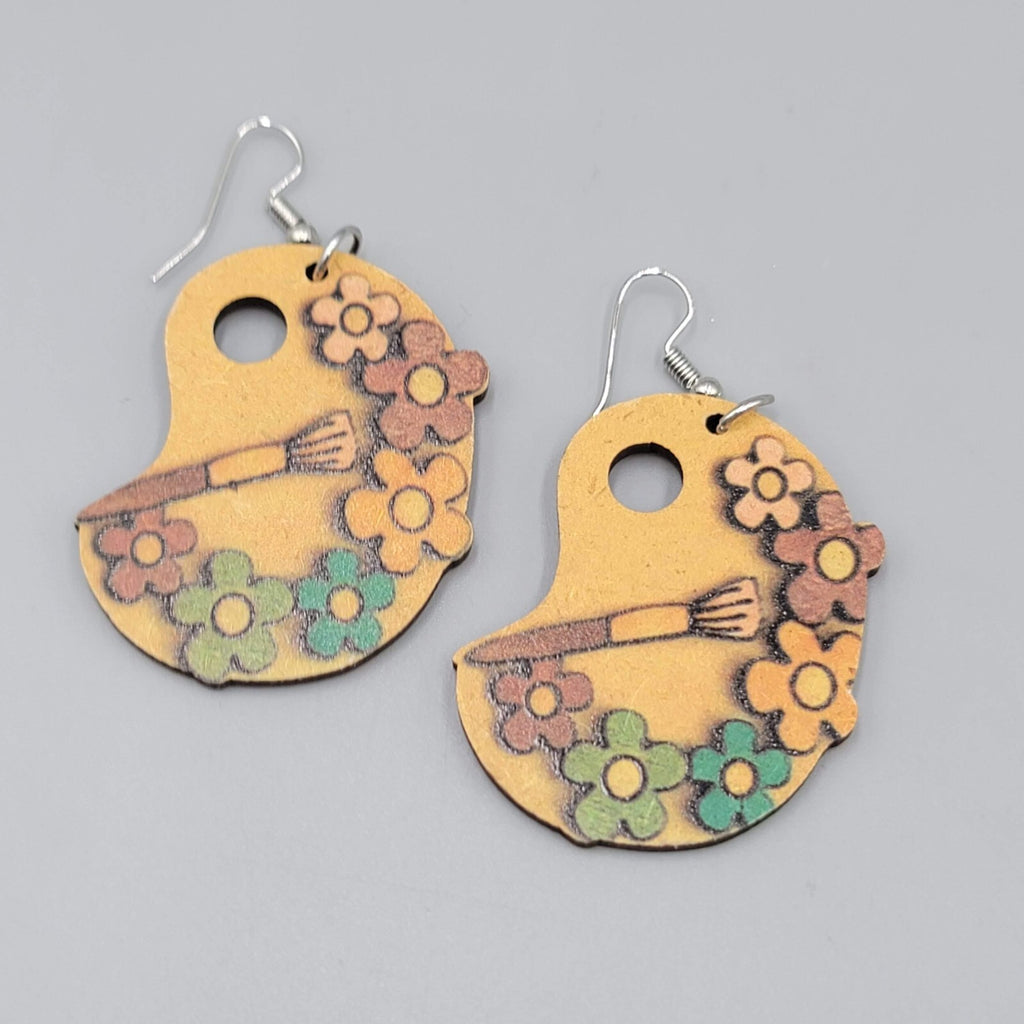 Artist Palette Pierced Earrings Wood Flowers Dangle Silver tone  1.75"