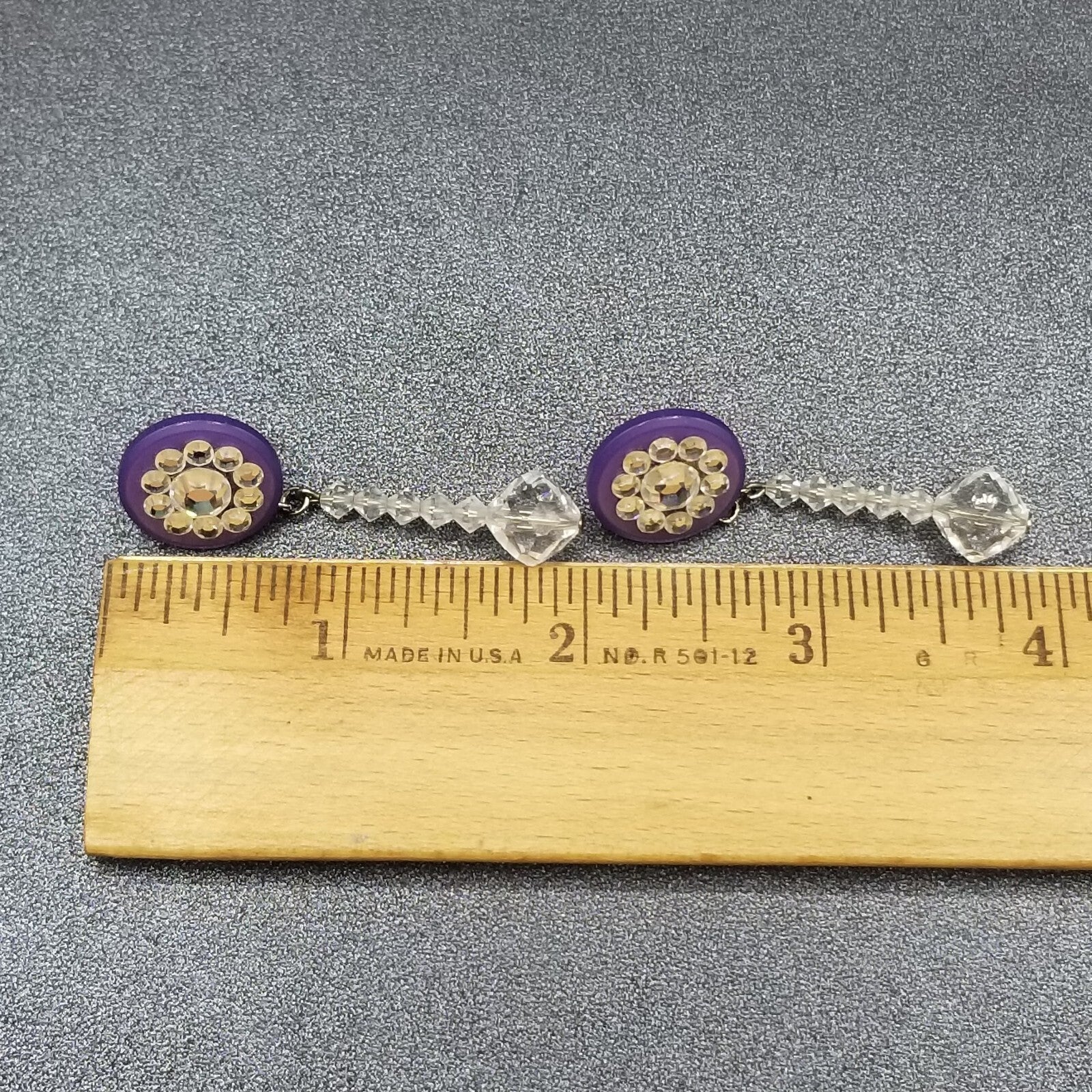 Pierced Earrings Purple Button Crystal Faceted Bead Statement Dangle 2"