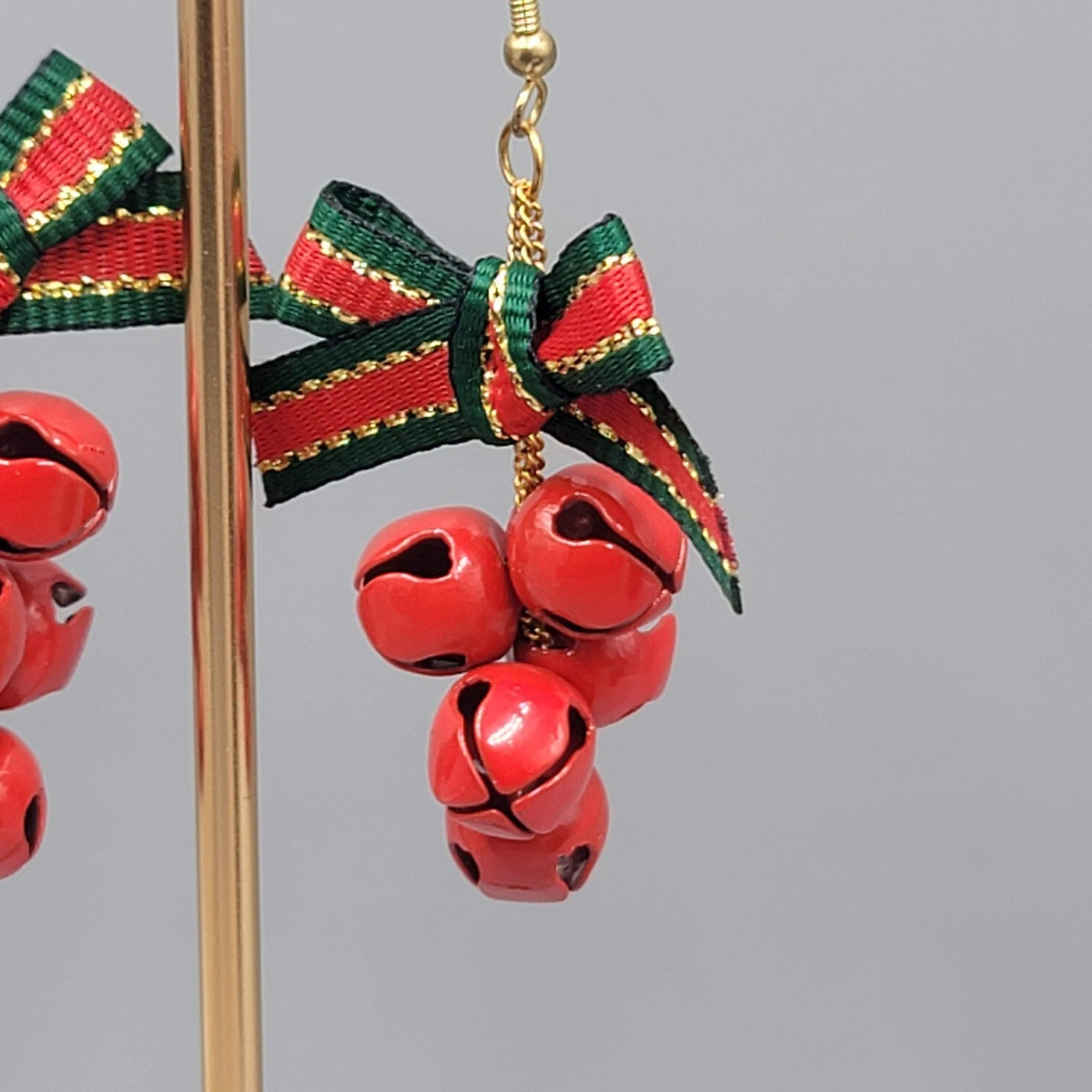 Vintage Christmas Jingle Bells Pierced Earrings Ribbon Gold tone Dangle 2"