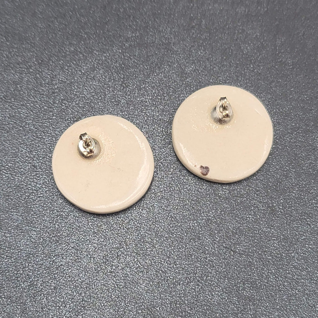 Vintage Pierced Earrings White Clay Hand Painted Black Accent Drop 1"