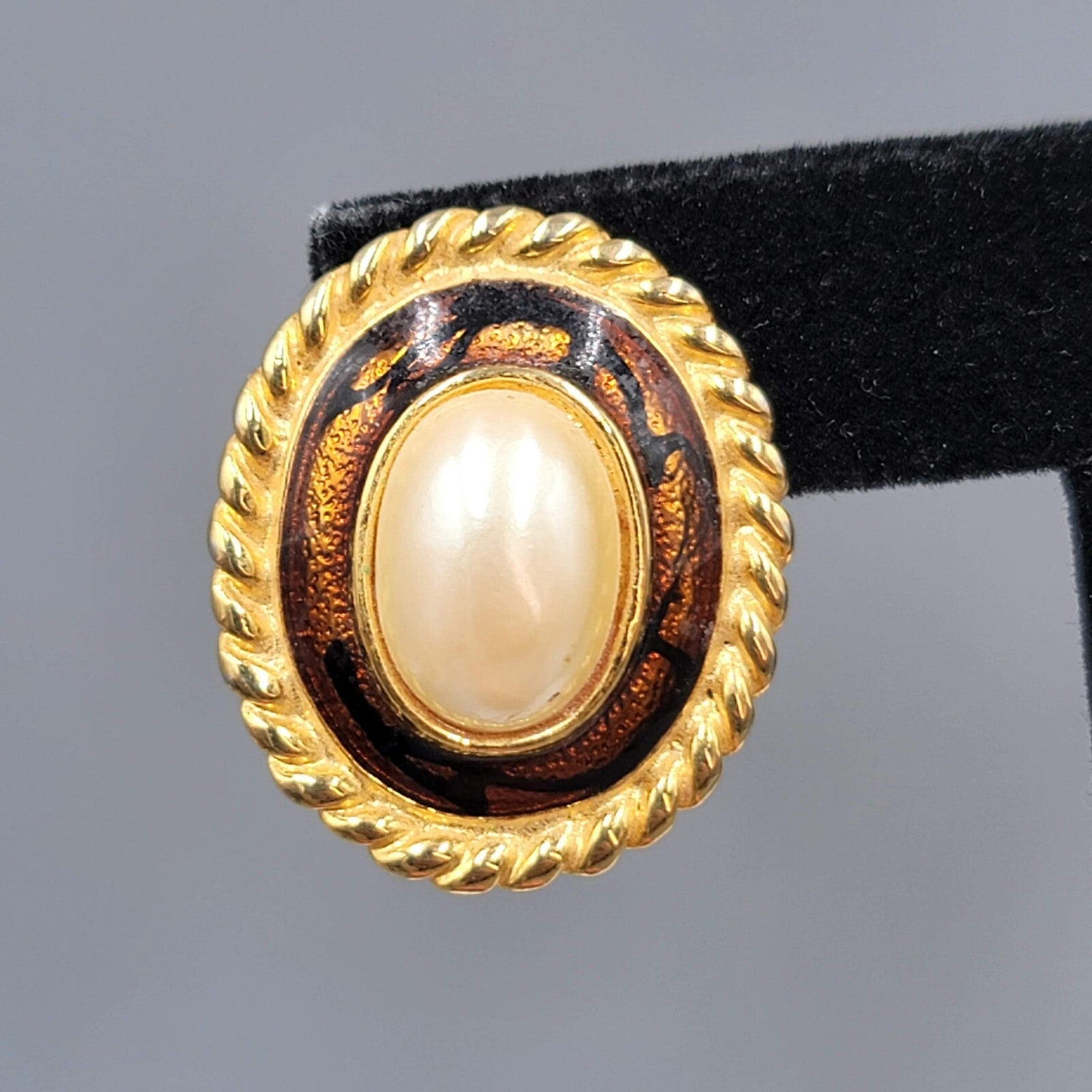 Vintage White Cabochon Pierced Earrings Enamel Yellow Gold Plated Drop 1 1/8"