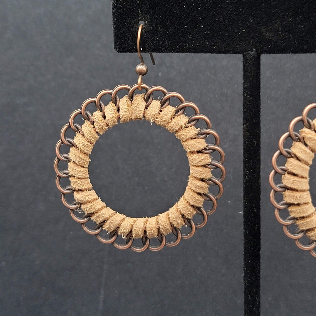 New Boho Pierced Earrings Copper tone Faux Leather Laced Hoops 1.75"