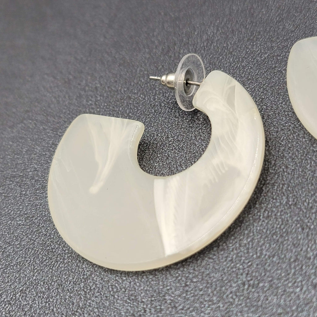 Pierced Earrings White Resin Wide Hoops Statement 1.5"