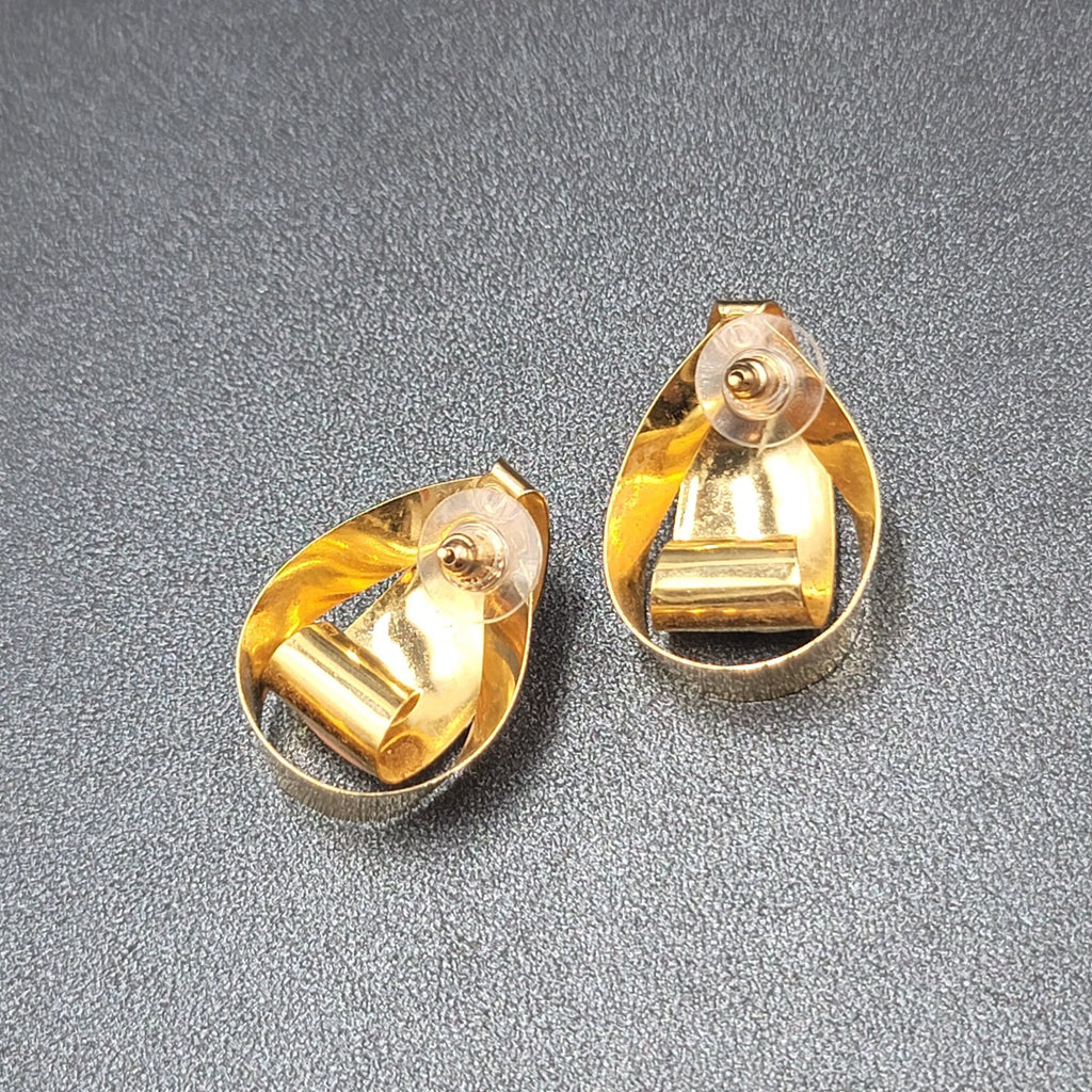 Vintage Pierced Earrings Gold tone Swirl Pink Statement Enamel Drop 1 1/8"